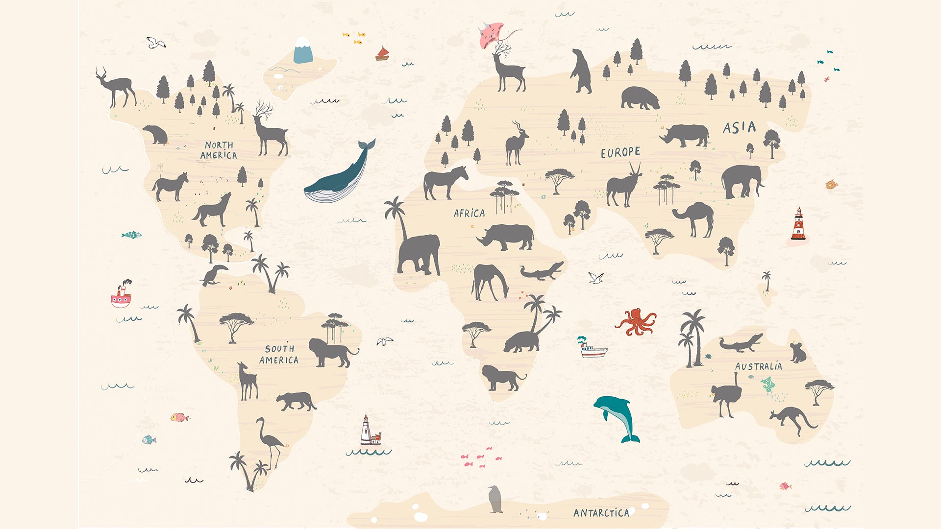 World Map Wallpaper for Kids with Aquatic and land Animal