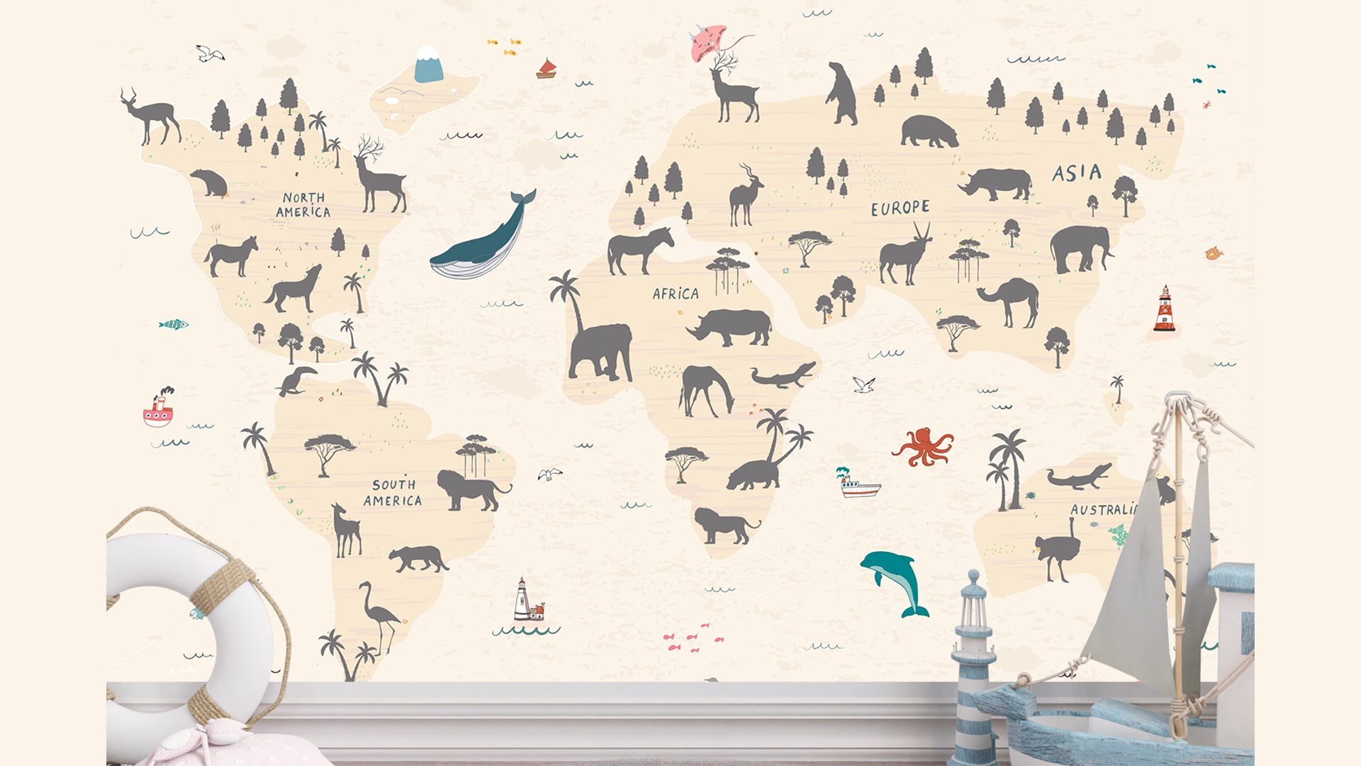 World Map Wallpaper for Kids with Aquatic and land Animal