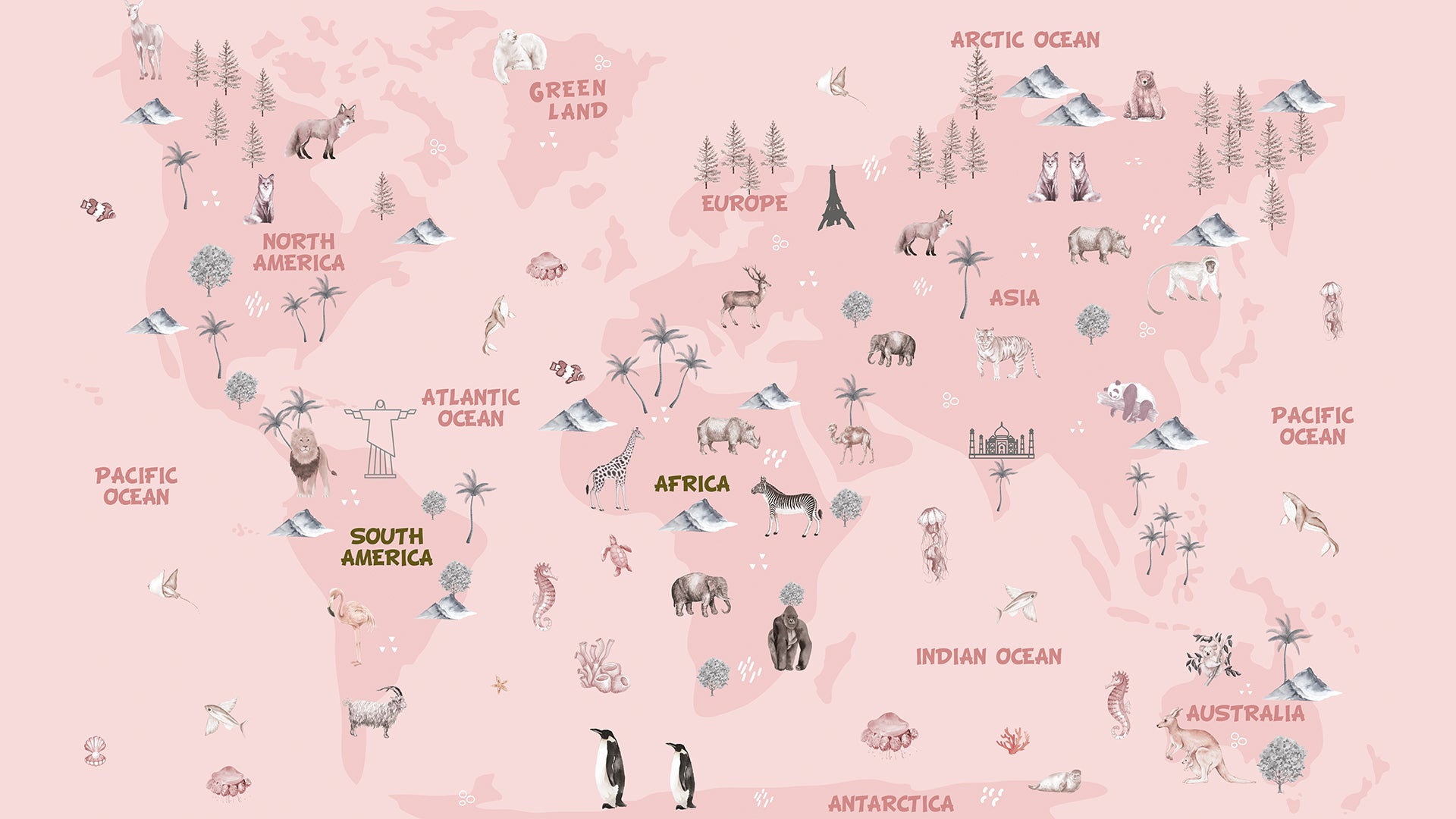 Pink World Map Wallpaper for baby girl bedroom