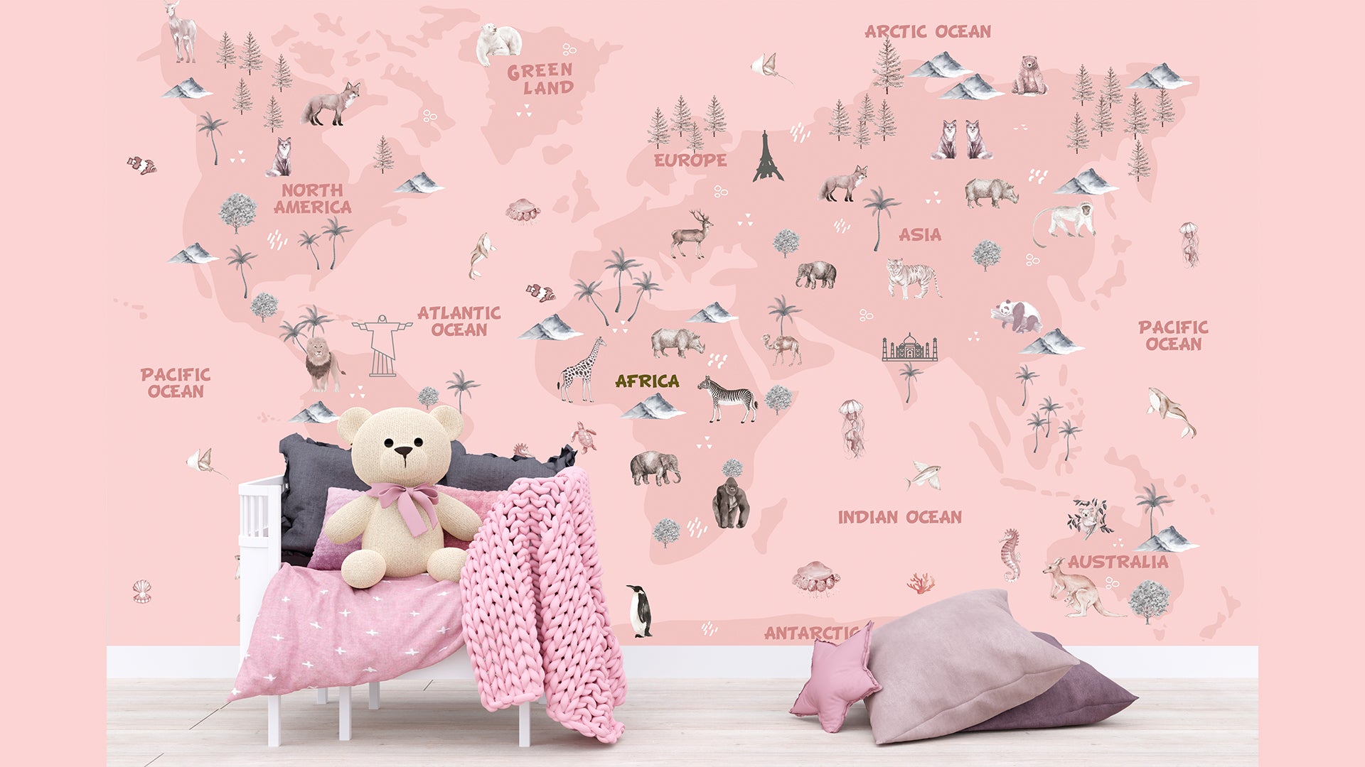 Pink World Map Wallpaper for baby girl bedroom