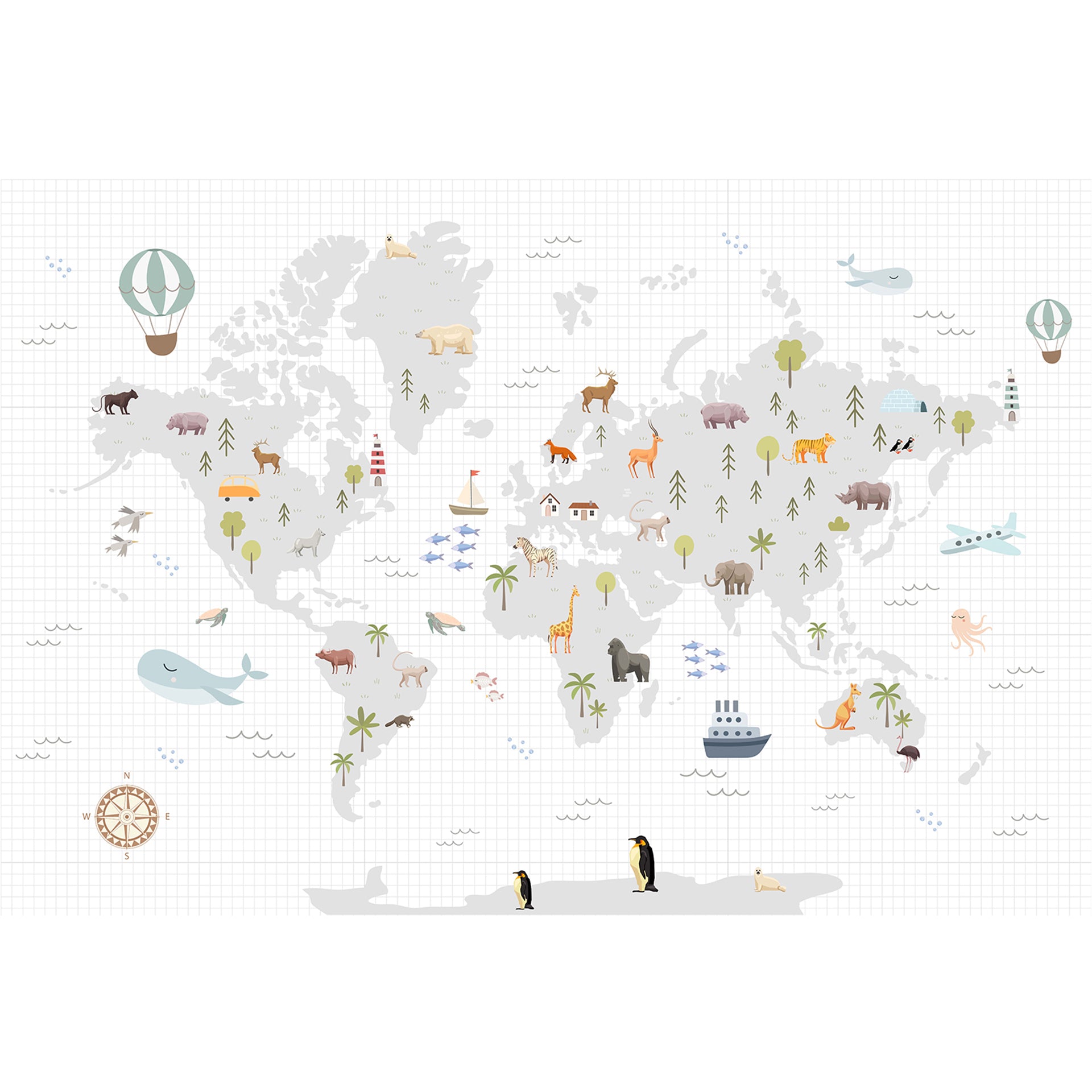 Whimsical  Educational World Map Wallpaper With Animals for kids nursery
