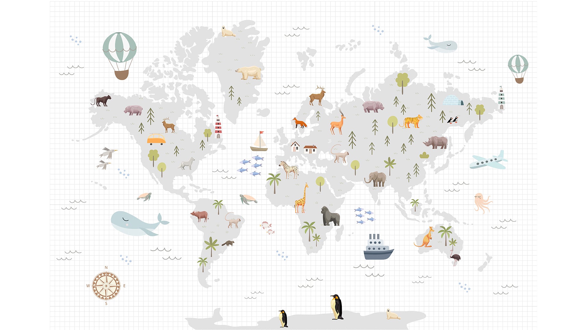 Whimsical  Educational World Map Wallpaper With Animals for kids nursery