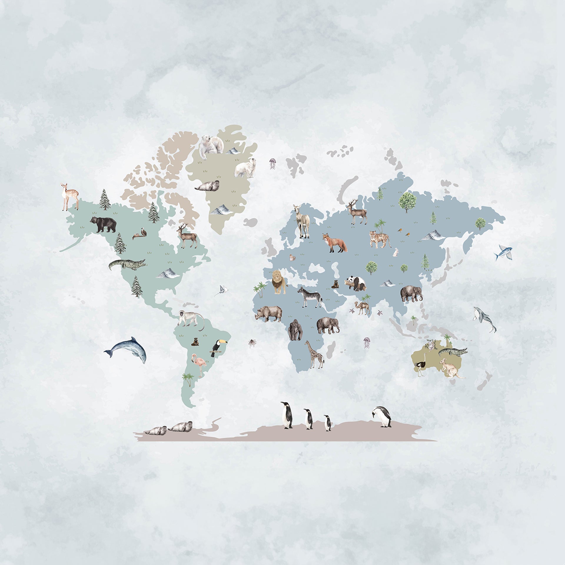 World map wallpaper for nursery with water, land and snow animals