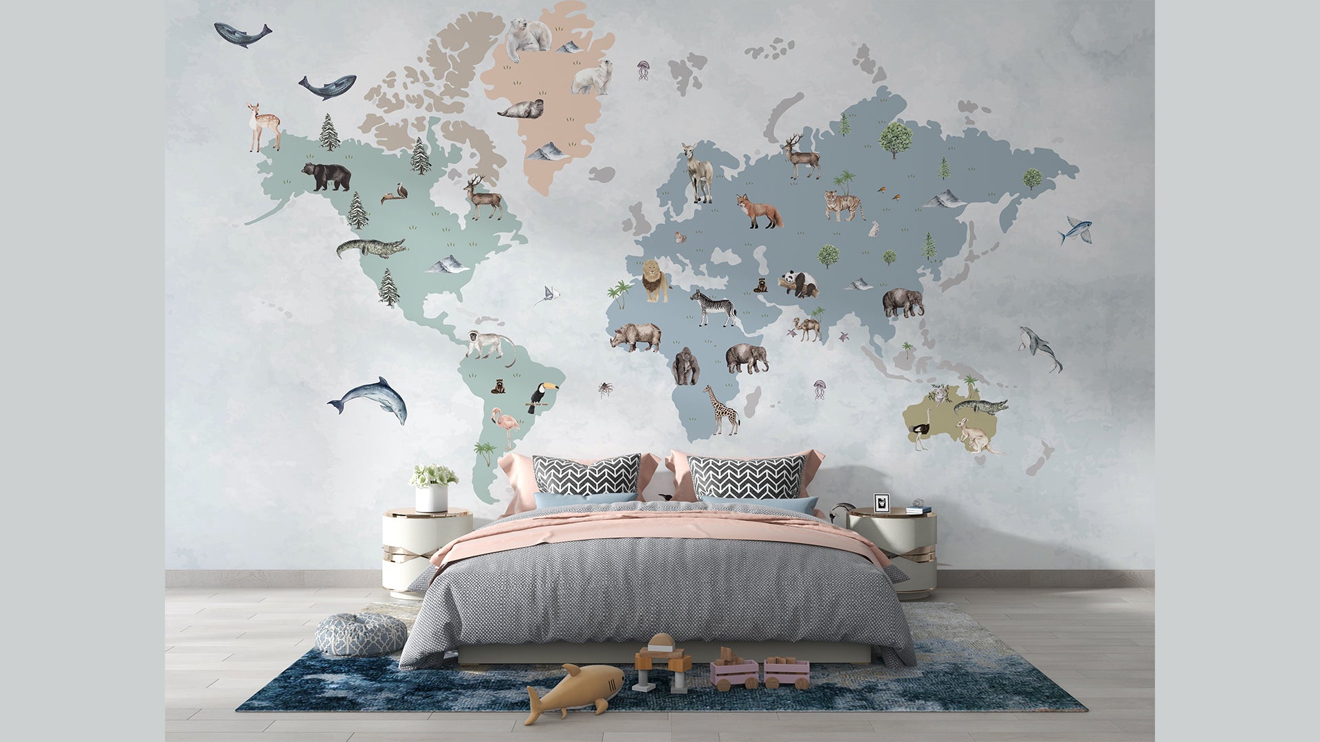 World map wallpaper for nursery with water, land and snow animals