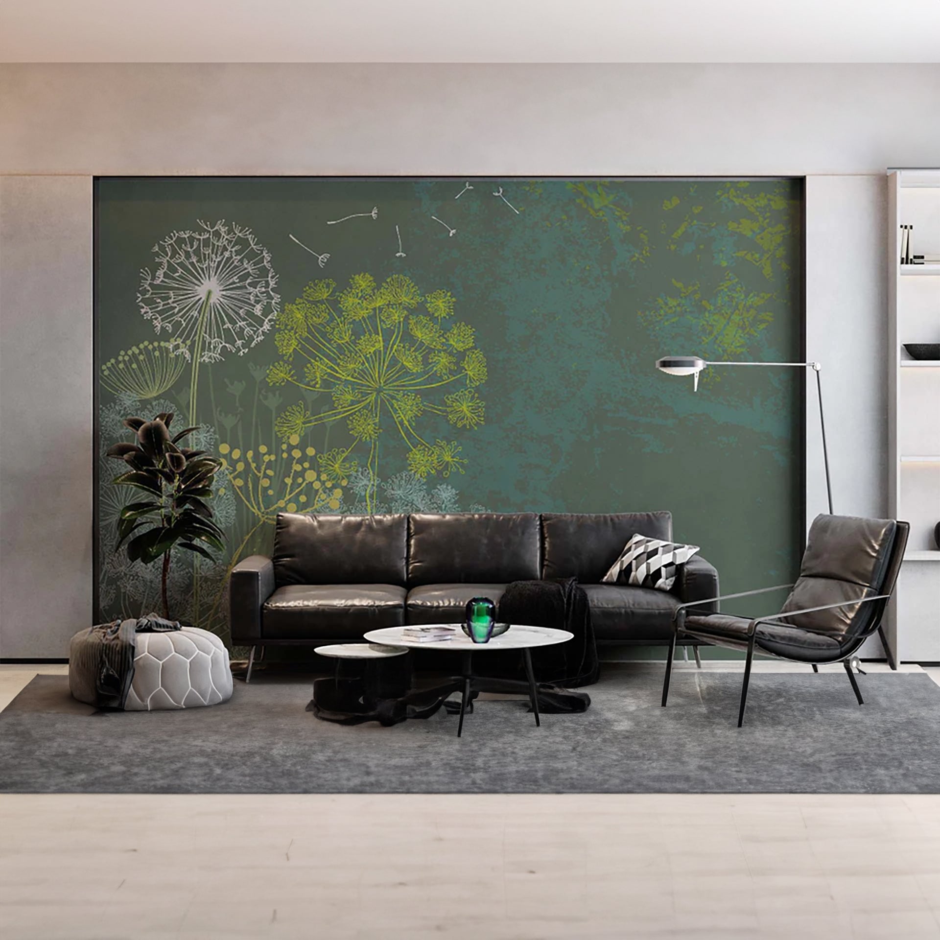 Elegant Nature Inspired Illustration of Dandelion Seeds and Floral Silhouettes