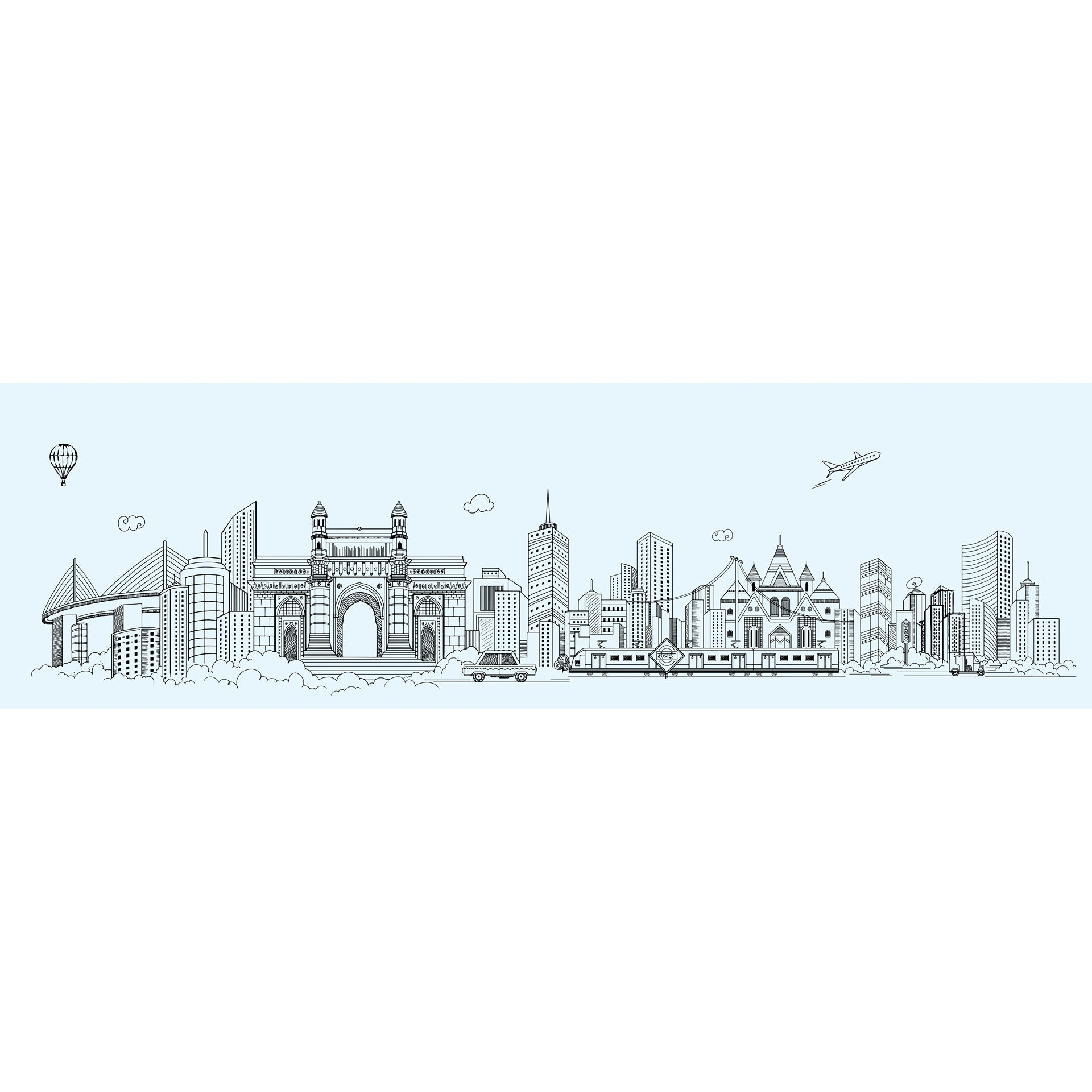 Illustrated Skyline Featuring Landmark Architecture and Modes of Transportation