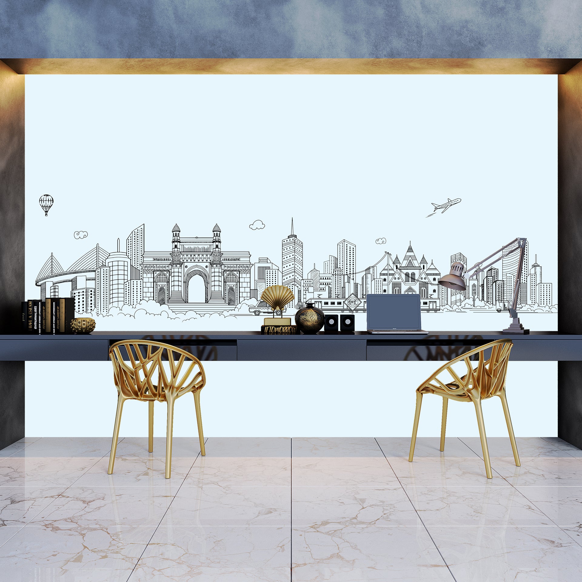 Illustrated Skyline Featuring Landmark Architecture and Modes of Transportation