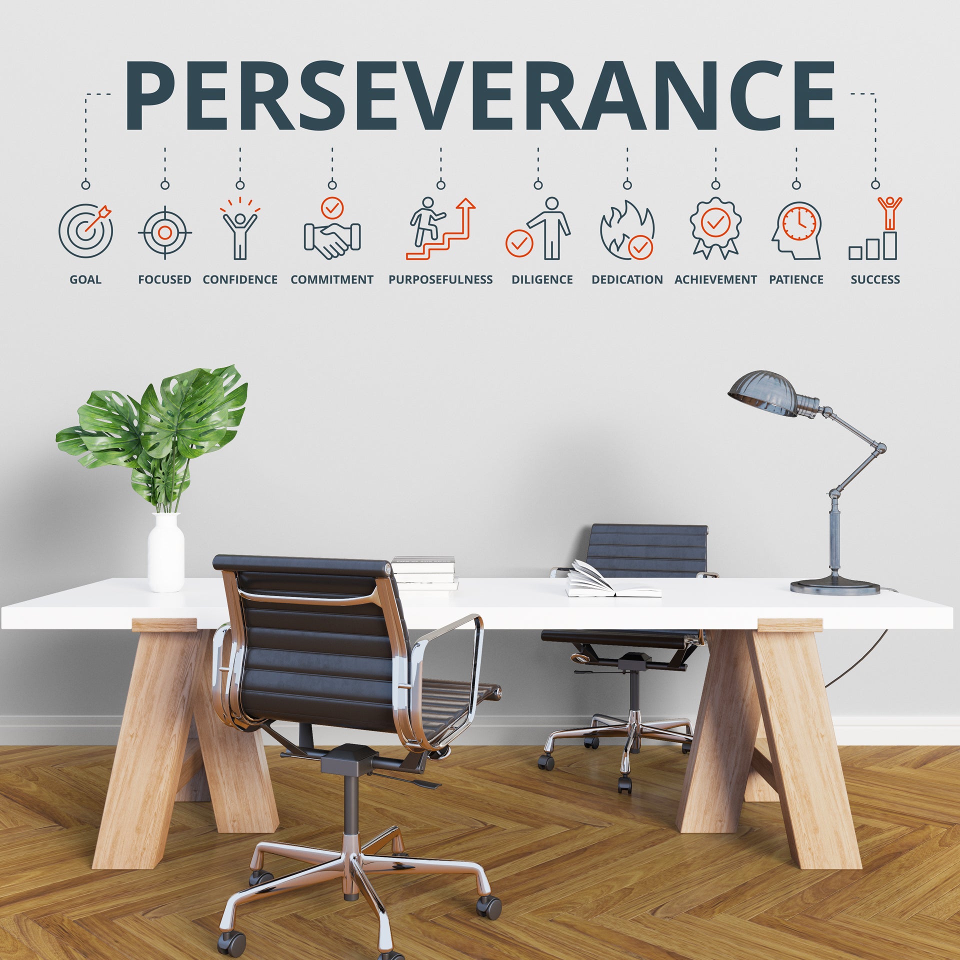 Perseverance Concept with Icons Representing Traits Like Goal Setting and Dedication