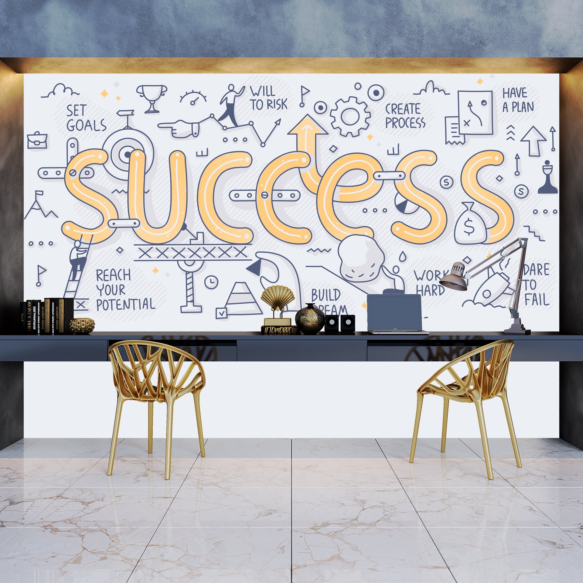 Success Concept Illustration with Motivational Icons and Inspiring Keywords