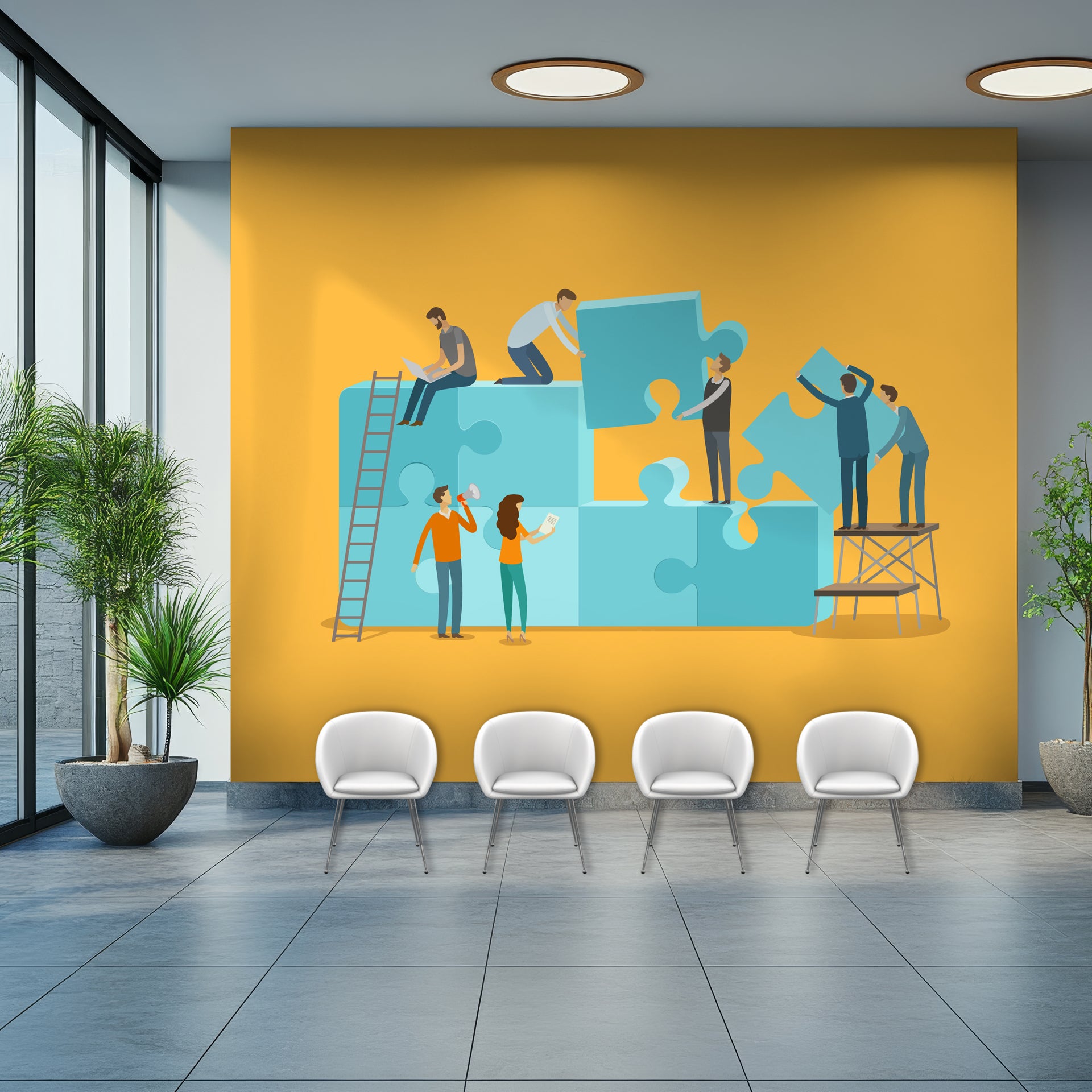 Team Collaboration on Building a Puzzle in Bright Modern Illustration