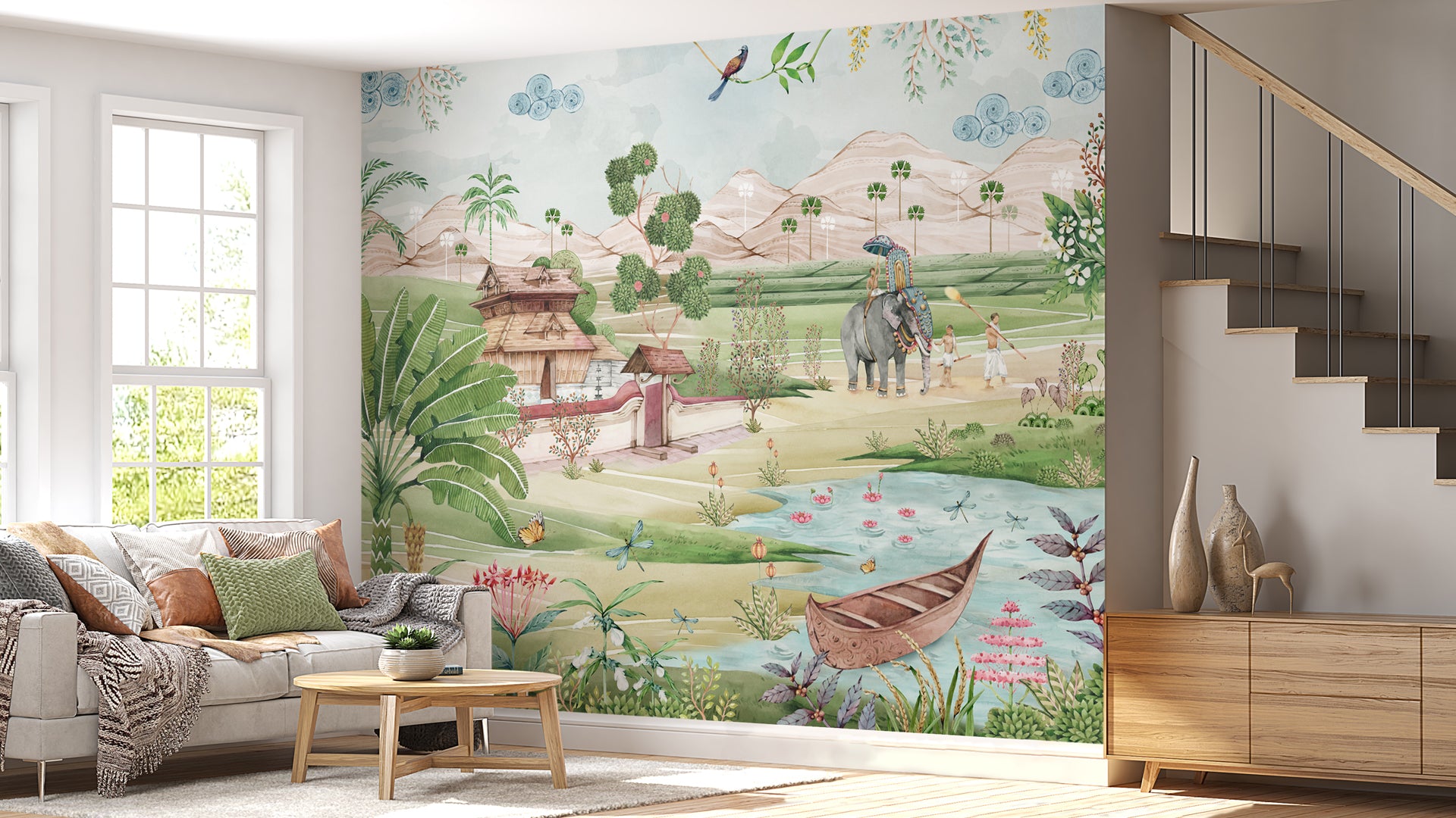 Keral Mural wallpaper with elephants and trees