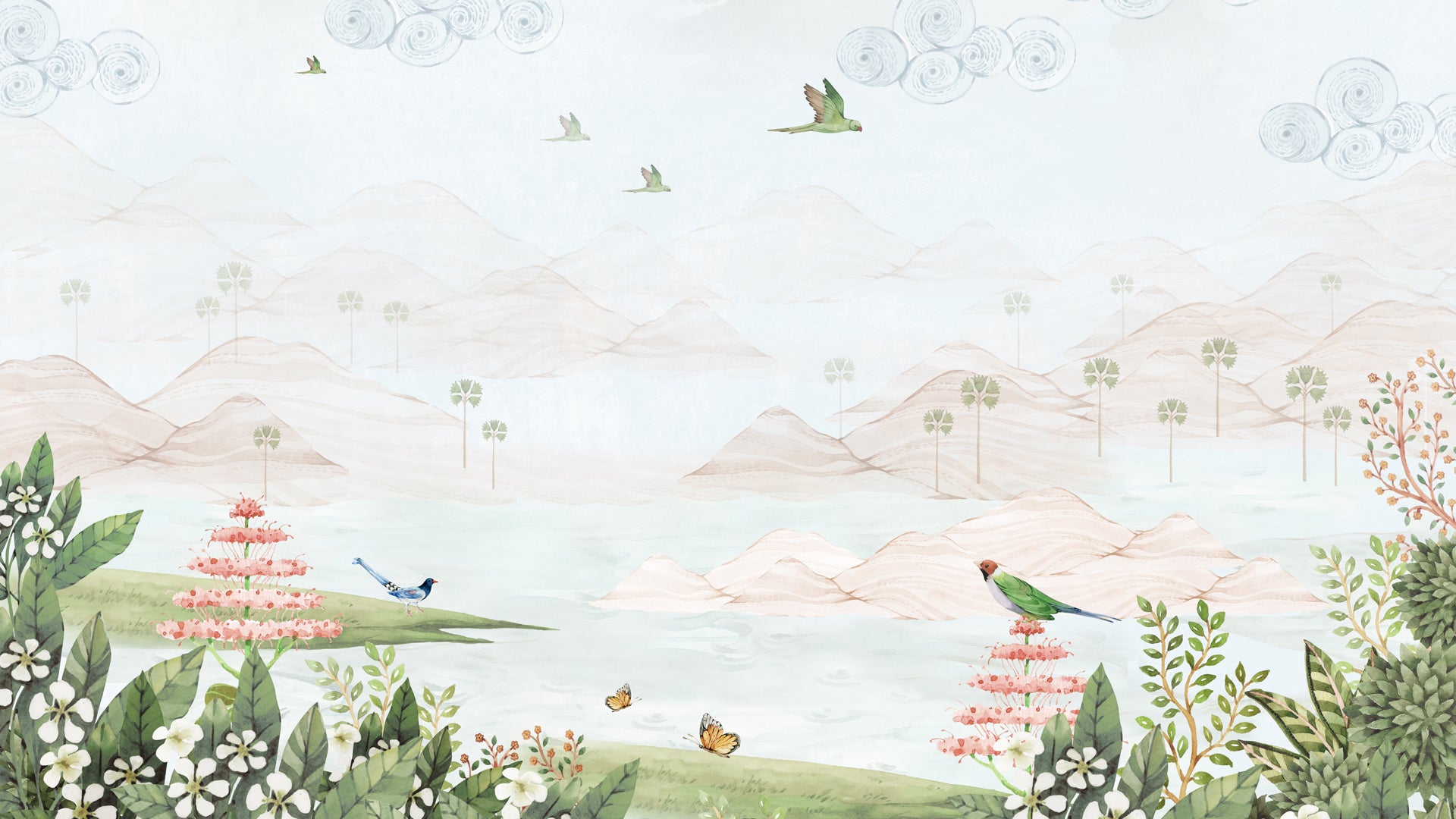 Calming tropical wallpaper with birds, mountains and bali plam trees