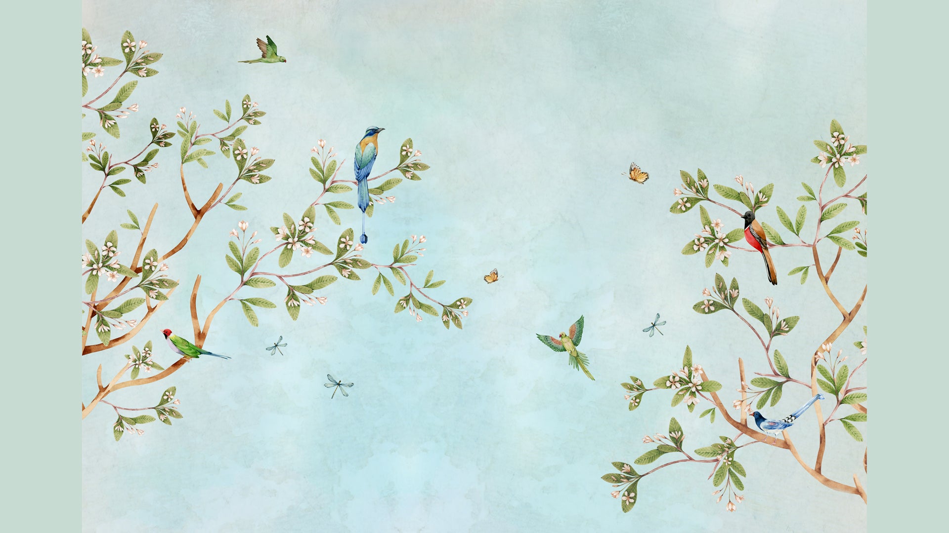 Minimalist pastel tropical wallpaper with birds