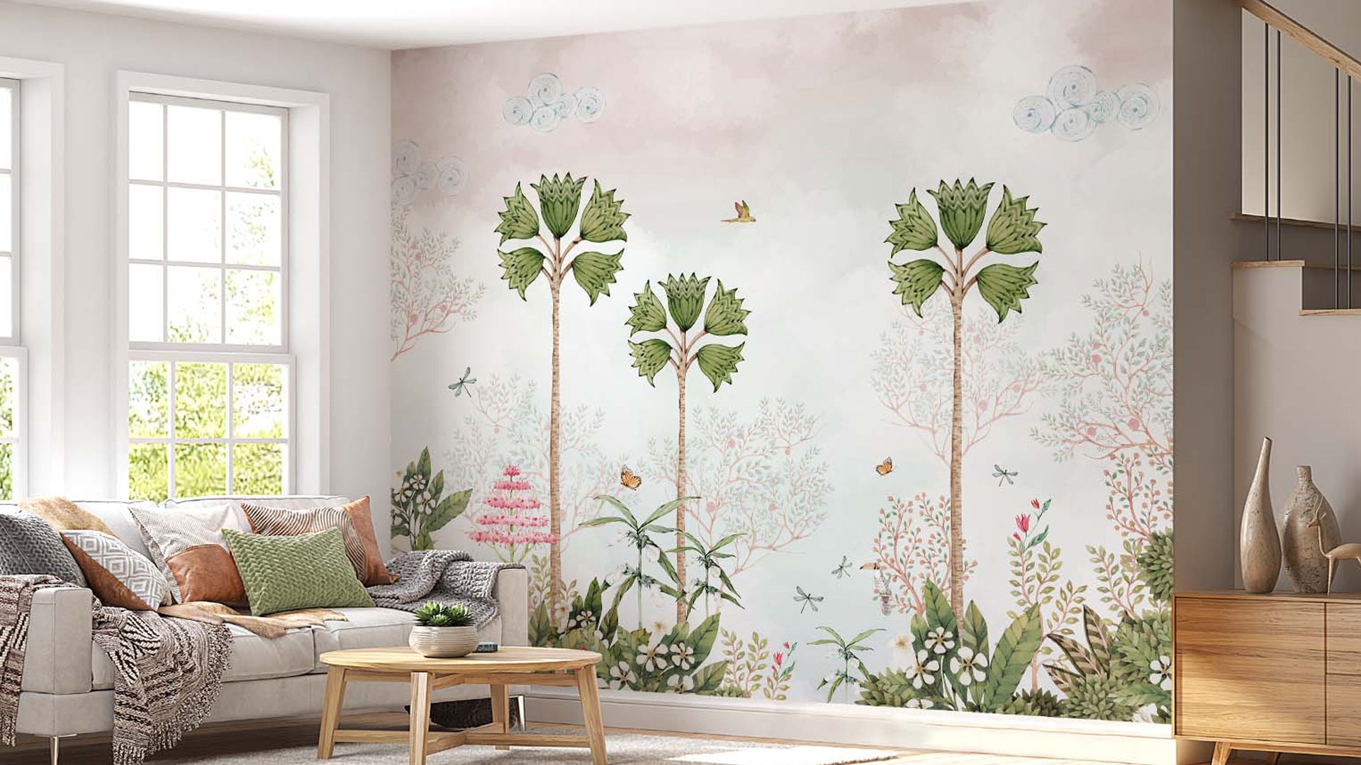 Keral tropical wallpaper with Traditional coconut trees and birds