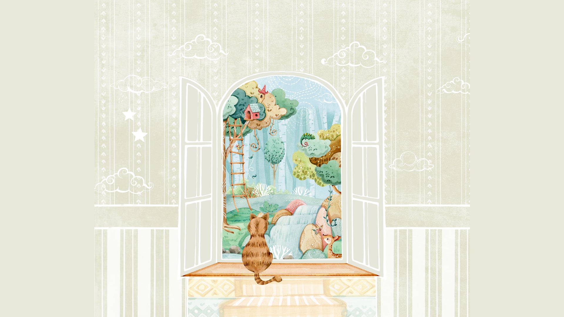 Whimsical Nature Themed Wallpaper with Cat by the Window