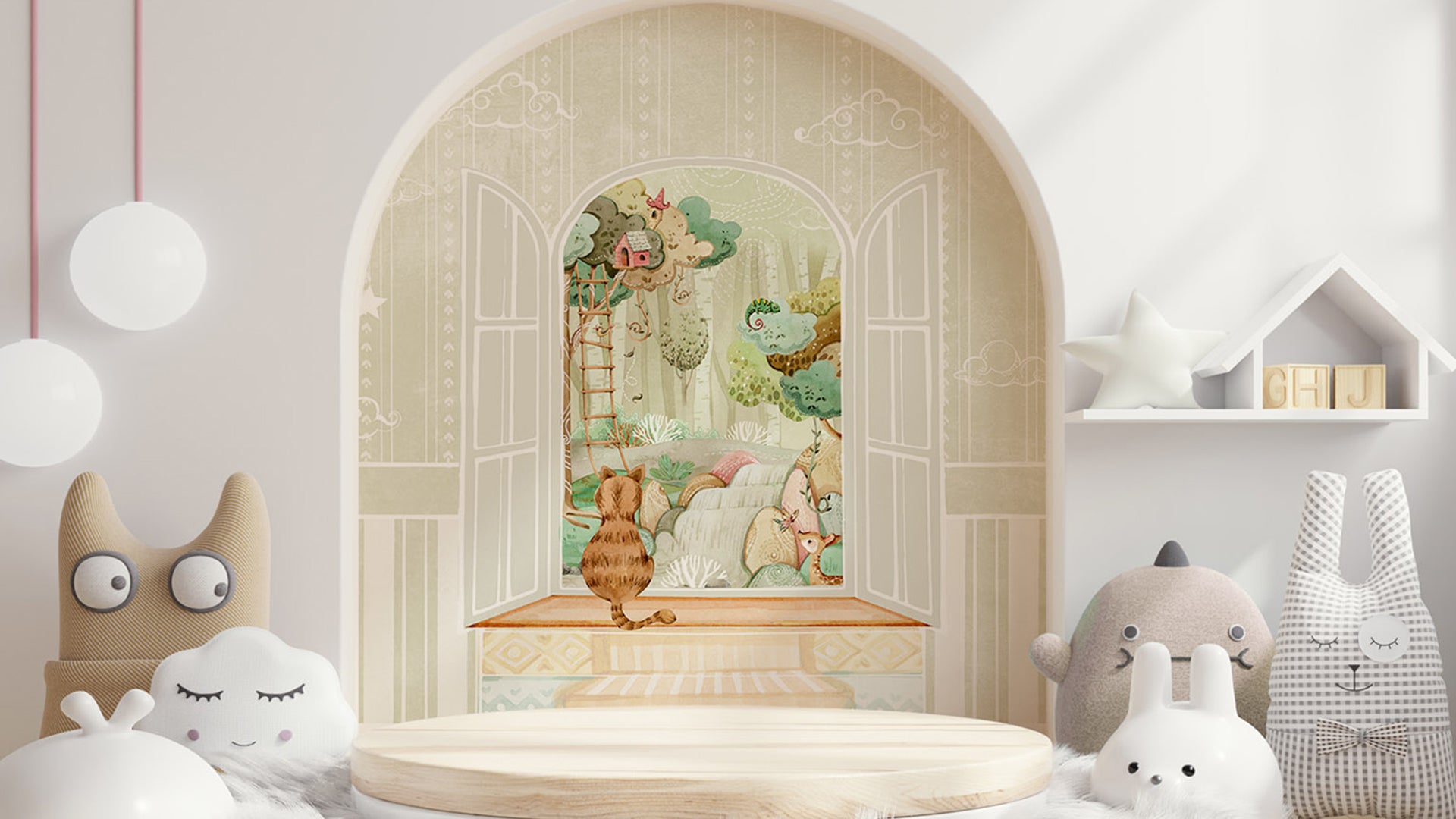 Whimsical Nature Themed Wallpaper with Cat by the Window