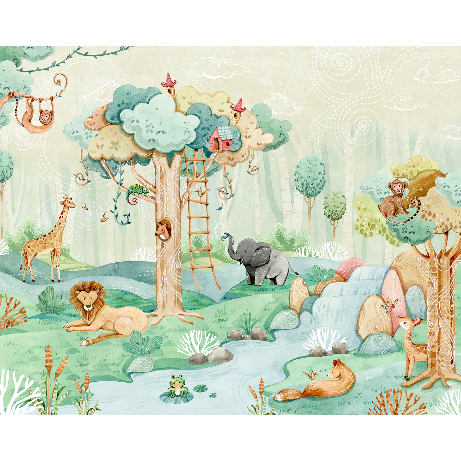 Forest Scene Featuring Animals and Treehouse in Whimsical Style
