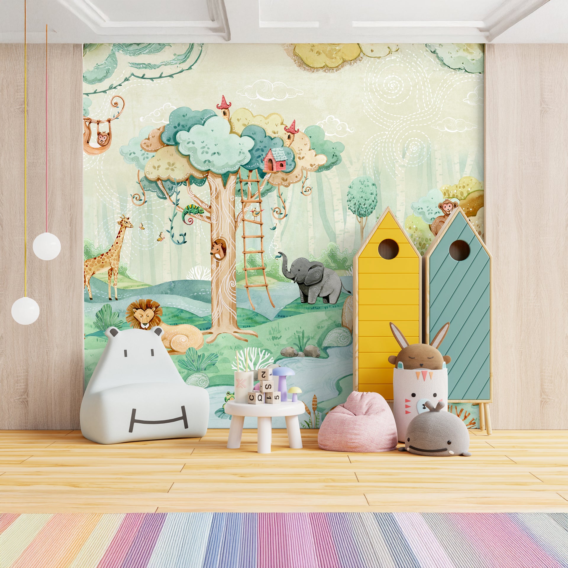 Forest Scene Featuring Animals and Treehouse in Whimsical Style