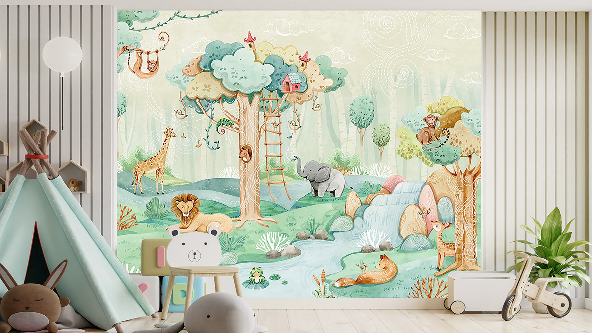 Kids world map wallpaper with Air Balloons, Gliders and Animals