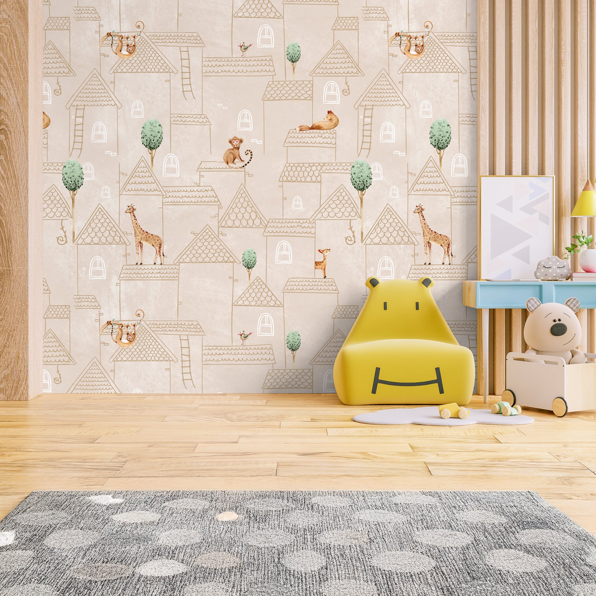 Playful Animal Themed Wallpaper for Children's Spaces