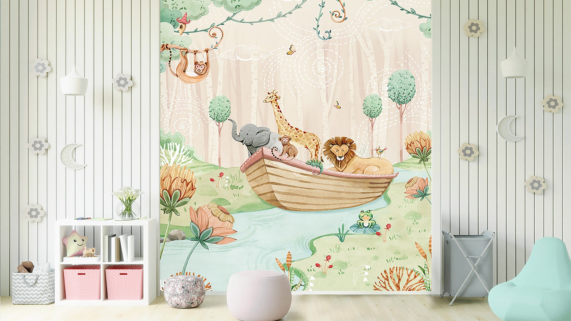 Wildlife Safari Sailing Themed Wallpaper for Kids' Rooms