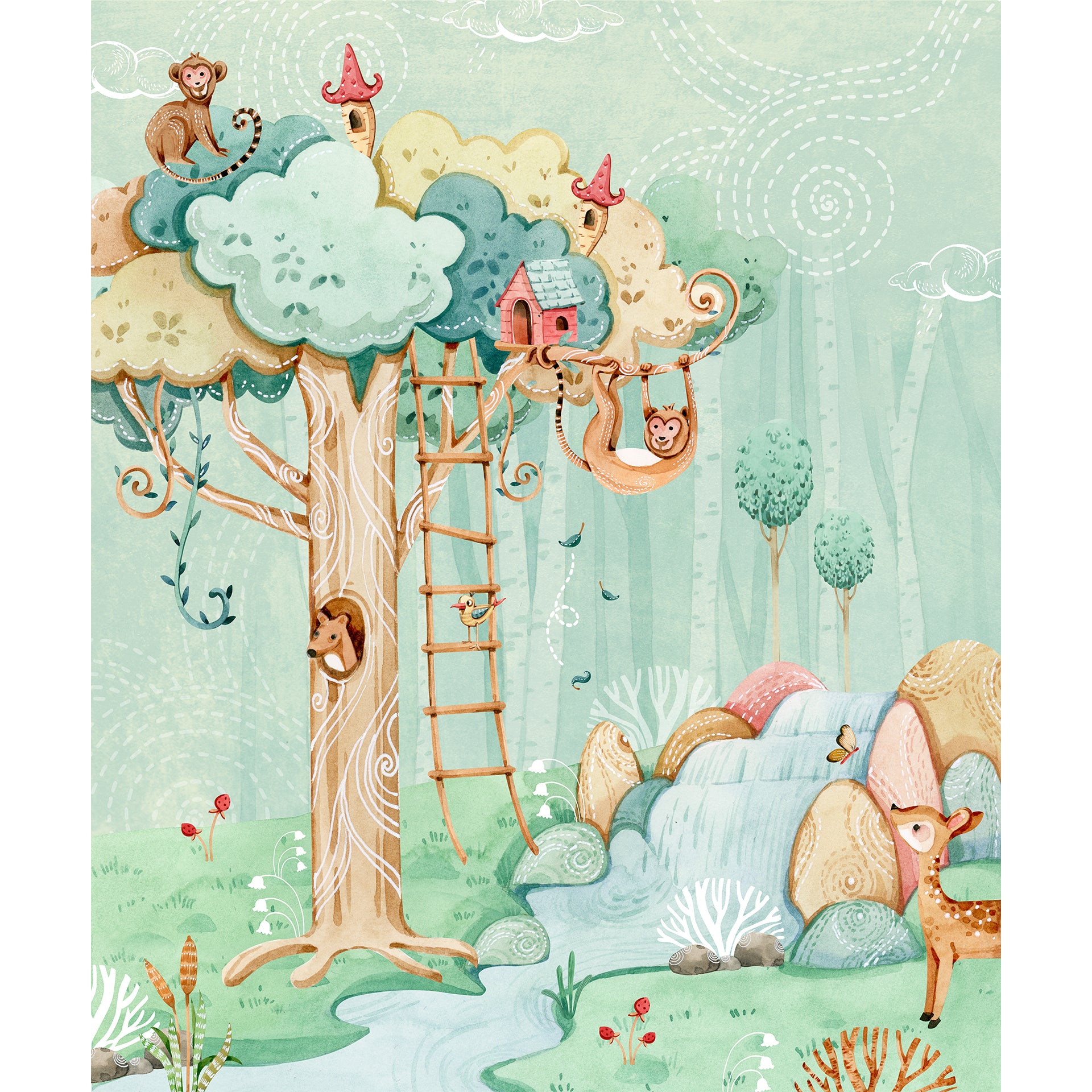 Dreamy Animal Treehouse Wallpaper for Kids