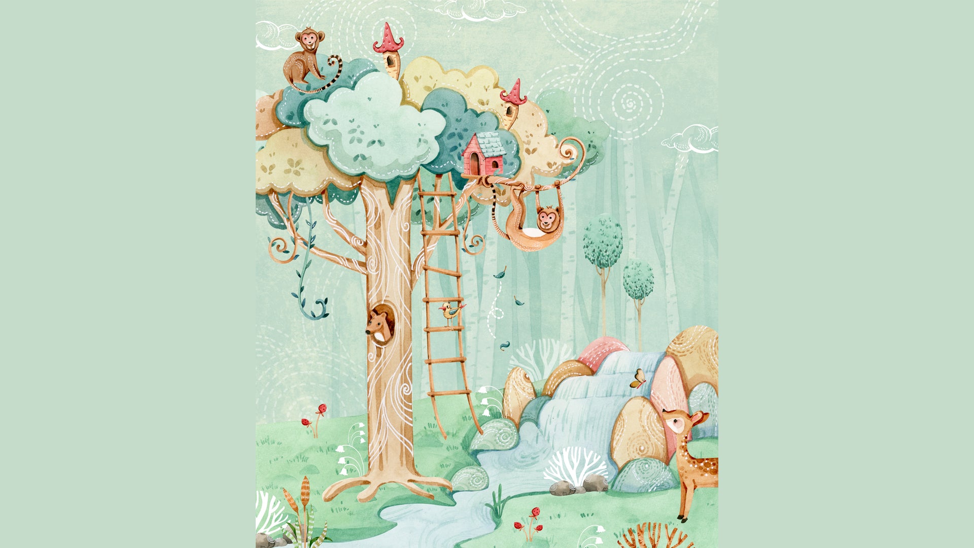 Dreamy Animal Treehouse Wallpaper for Kids