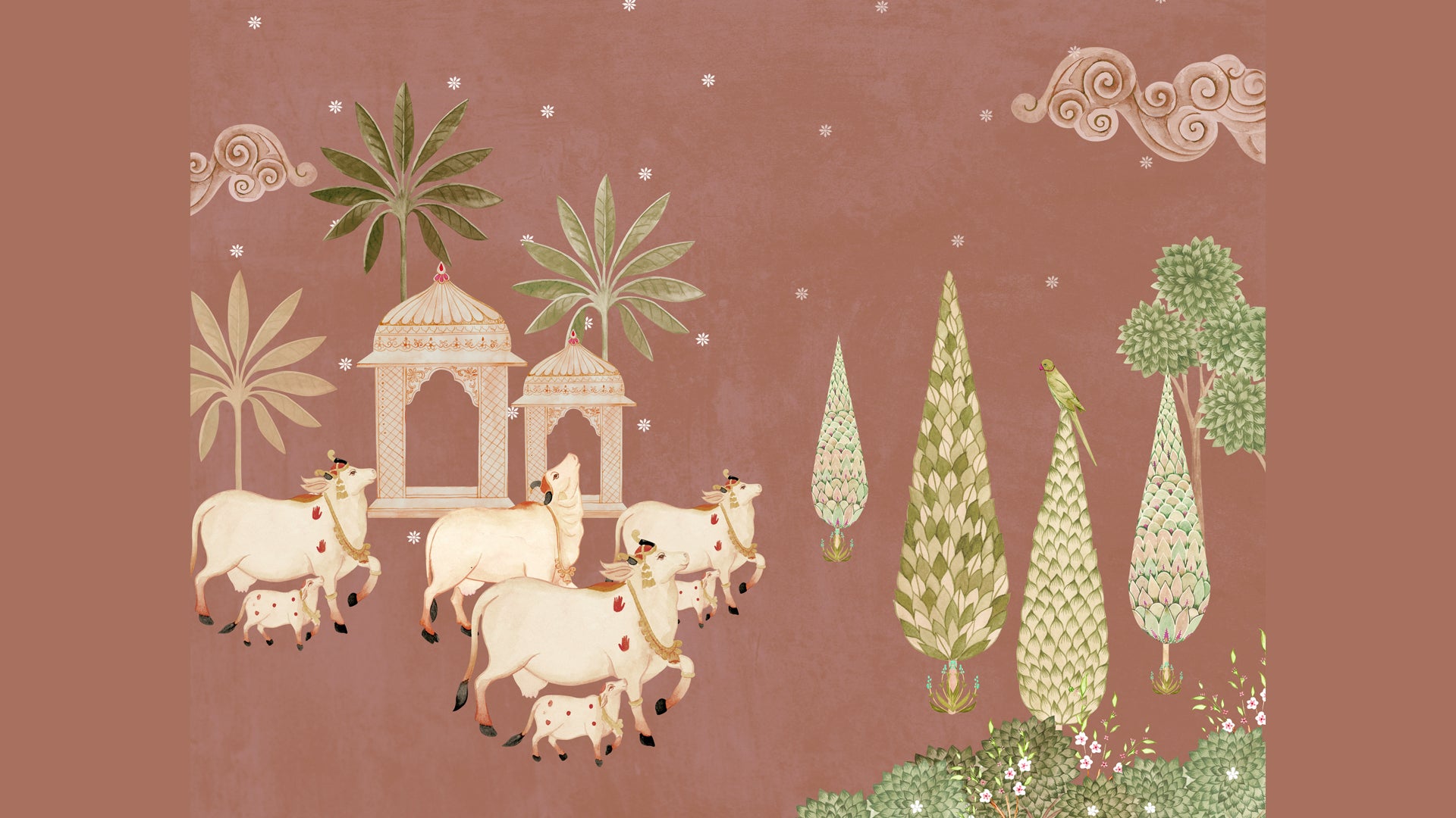 Vrindavan Pichwai trees with cows wallpaper