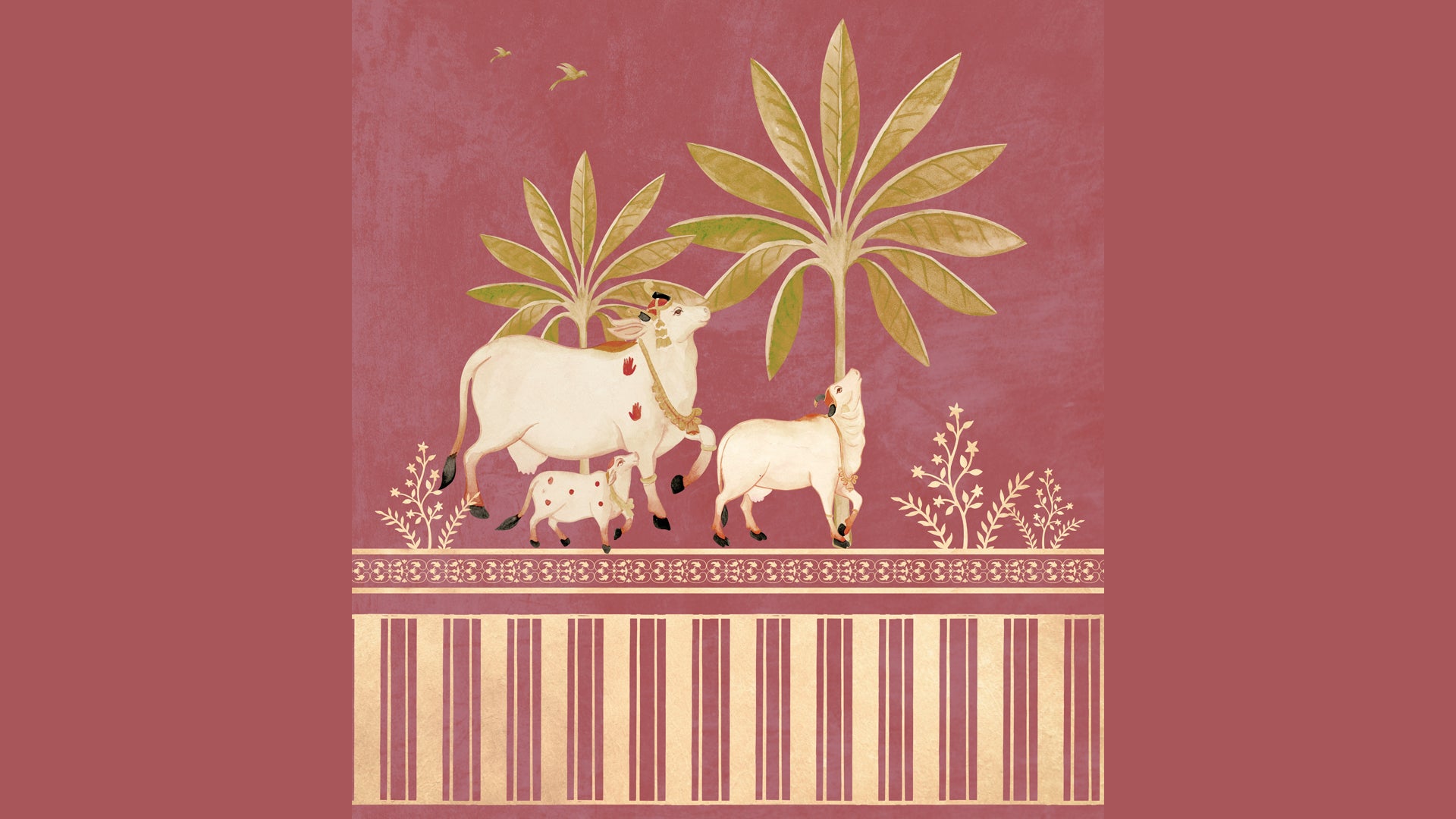 Sacred cows, palm tree Pichwai Wallpaper