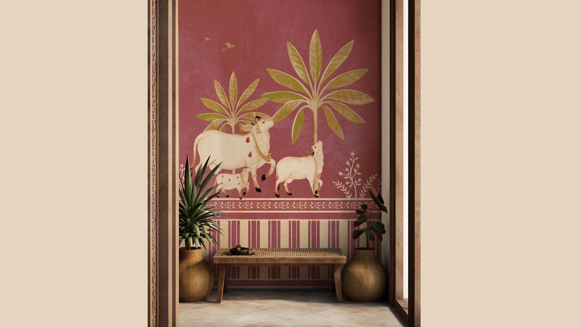 Sacred cows, palm tree Pichwai Wallpaper