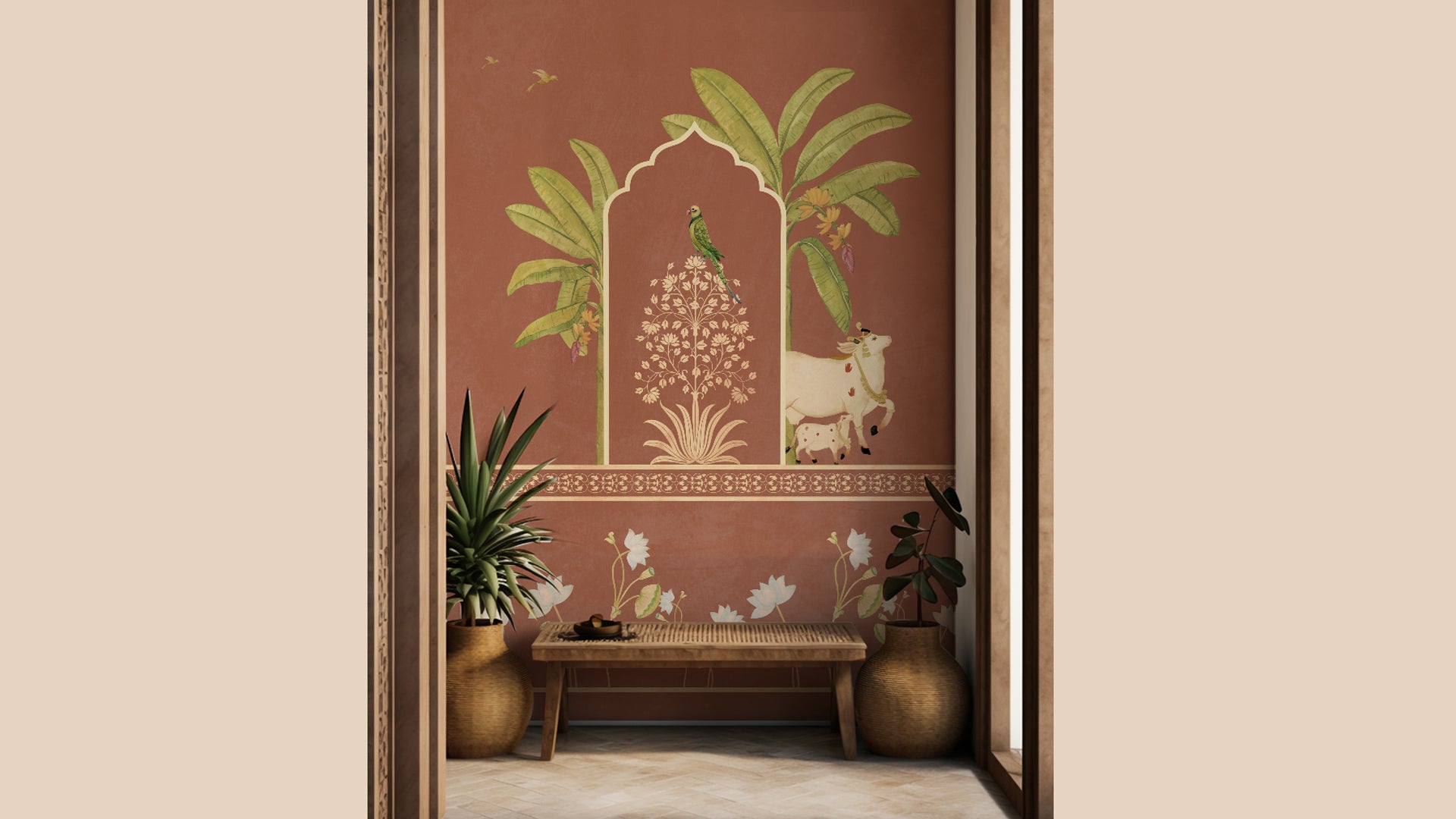 Pichwai wallpaper for foyer area, lobby and temple