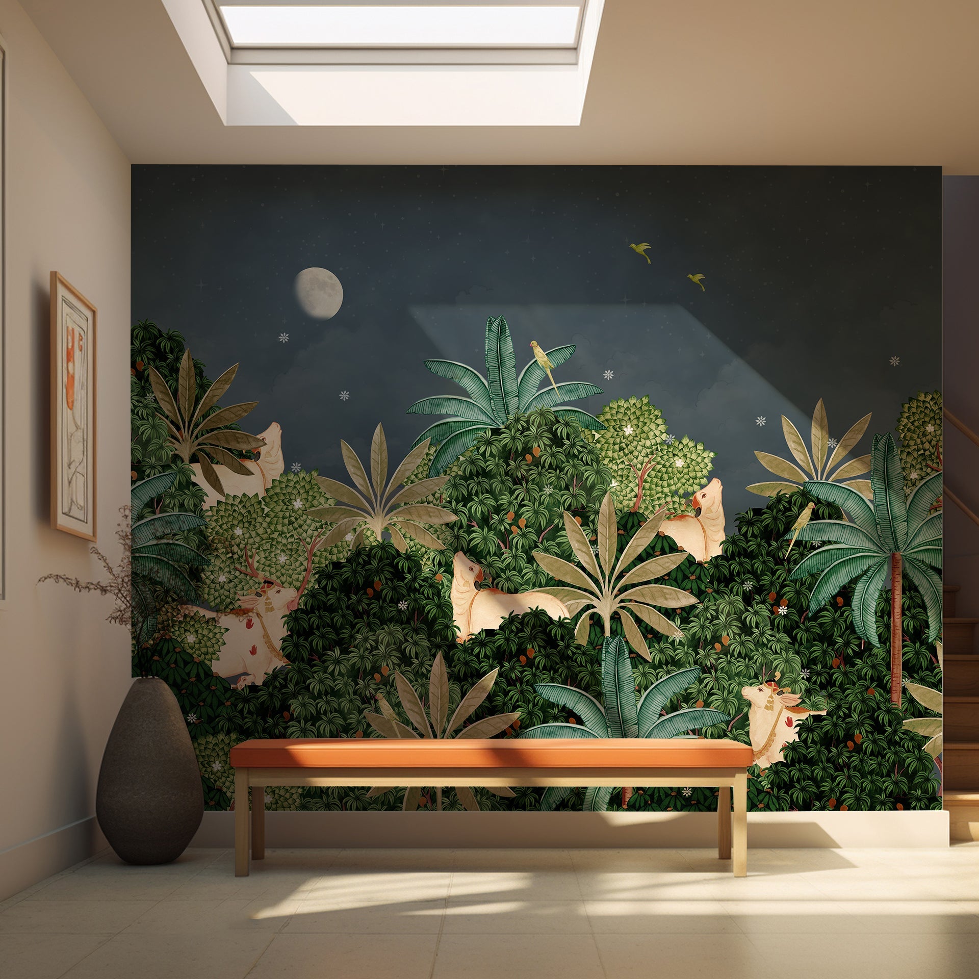 Vrindavan at night pichwai wallpaper with moon, sacred cows and trees