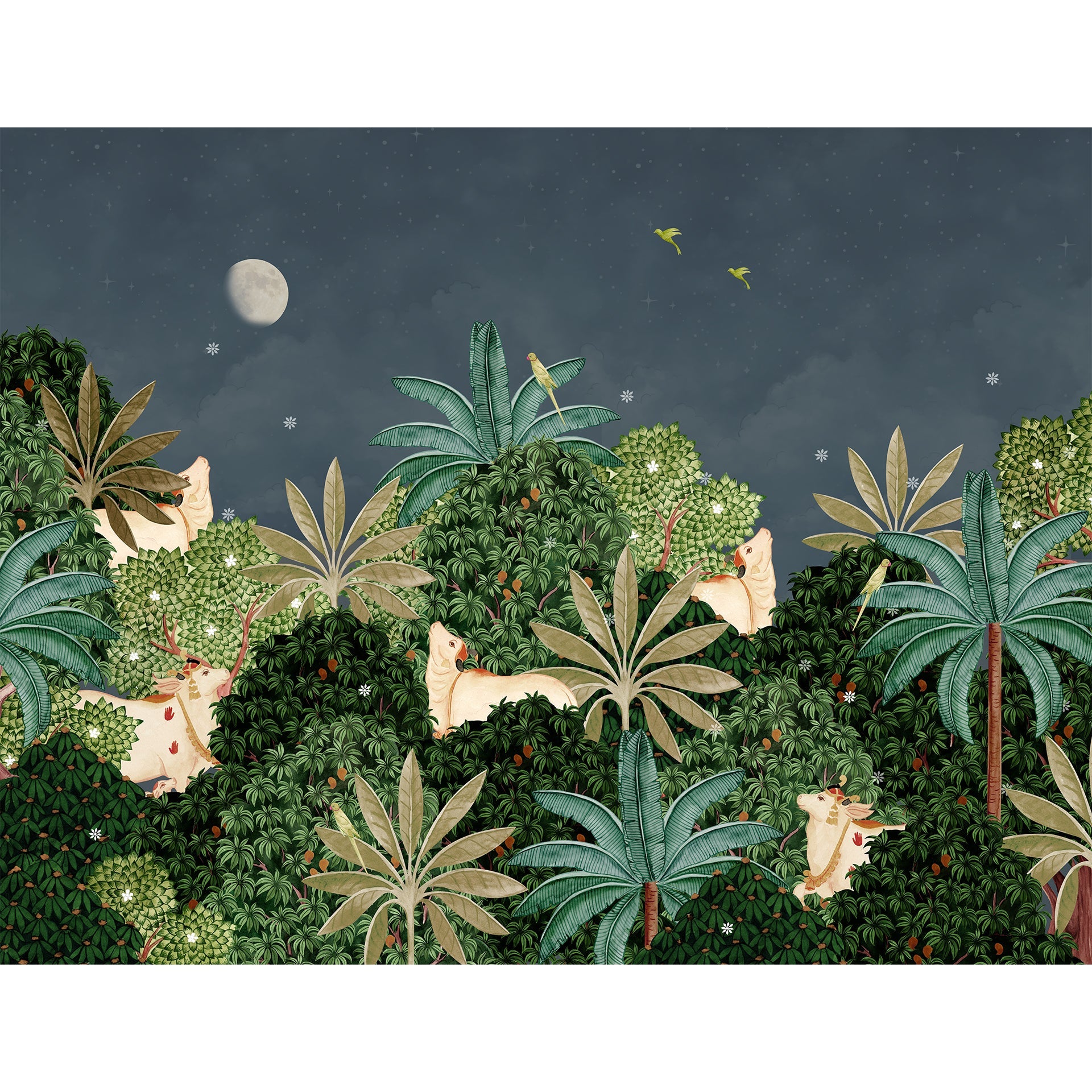 Vrindavan at night pichwai wallpaper with moon, sacred cows and trees