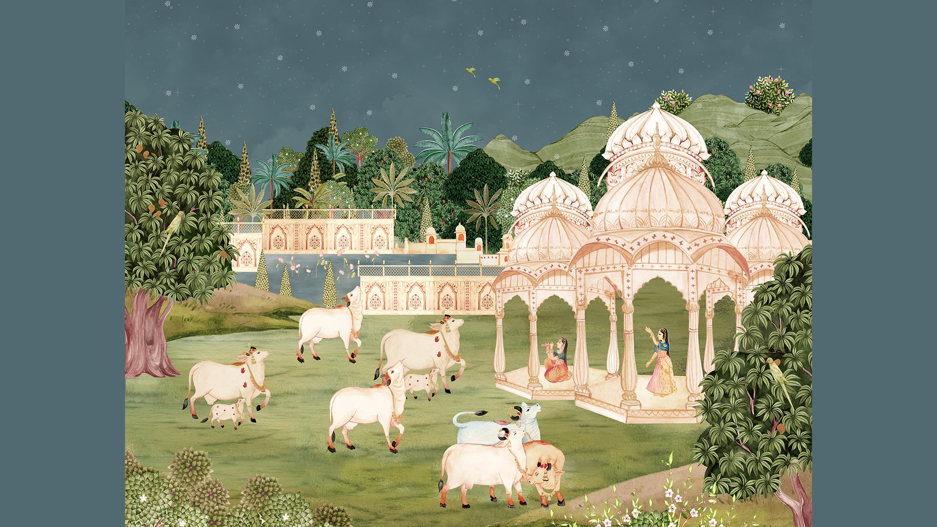 Rural Vrindavan, Cows and Gopis Pichwai Wallpaper