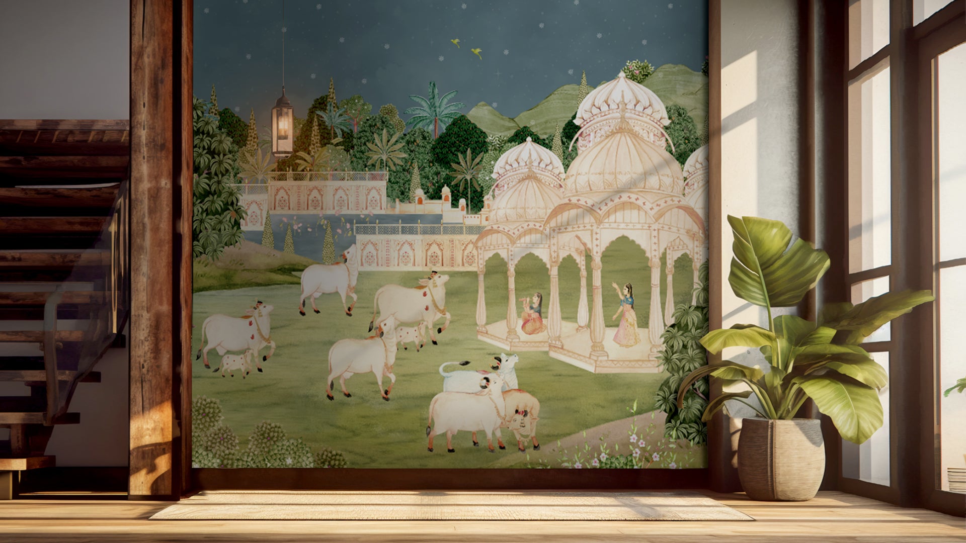 Rural Vrindavan, Cows and Gopis Pichwai Wallpaper