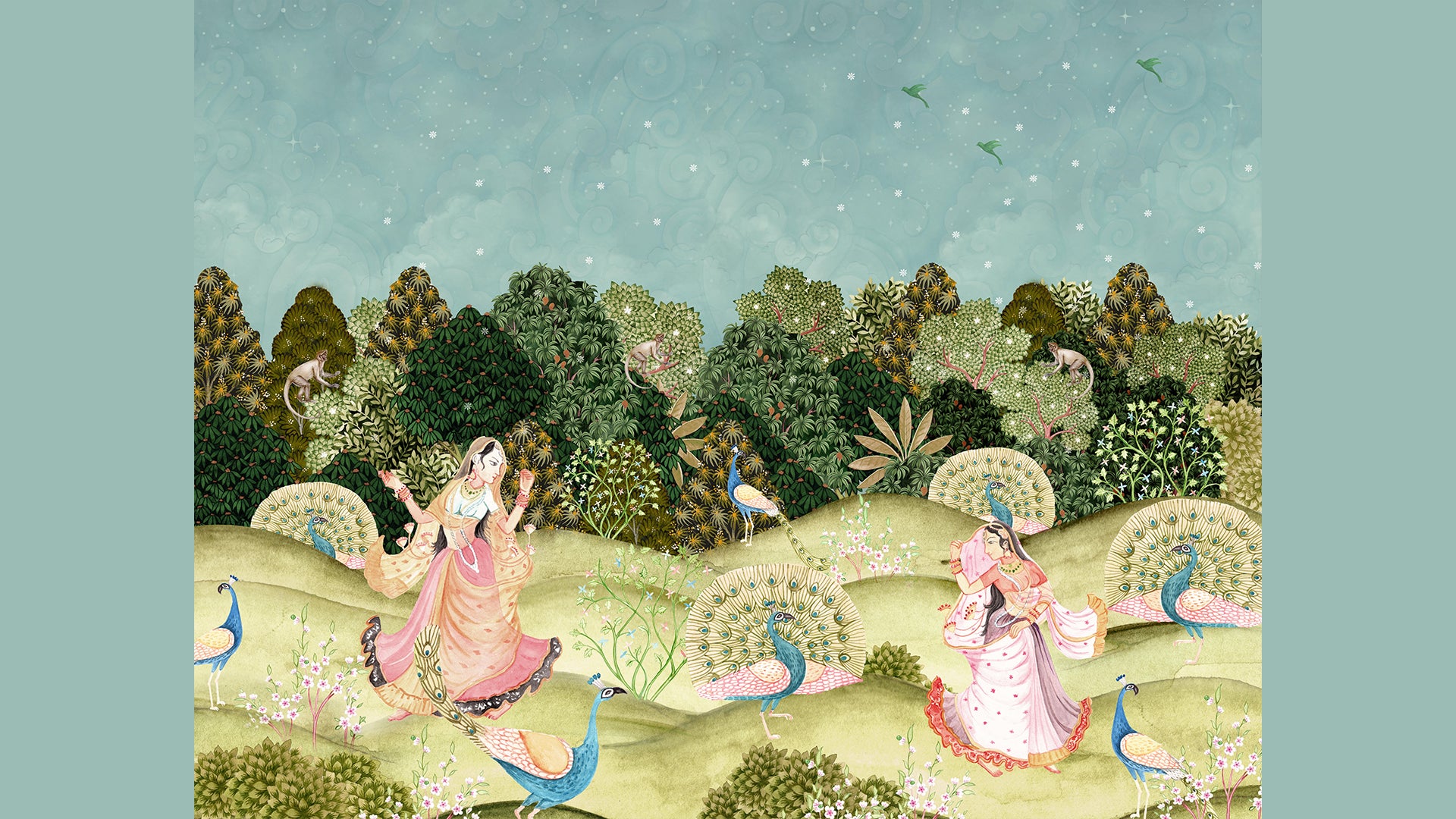 Gopis and Peacock Pichwai Wallcoverings