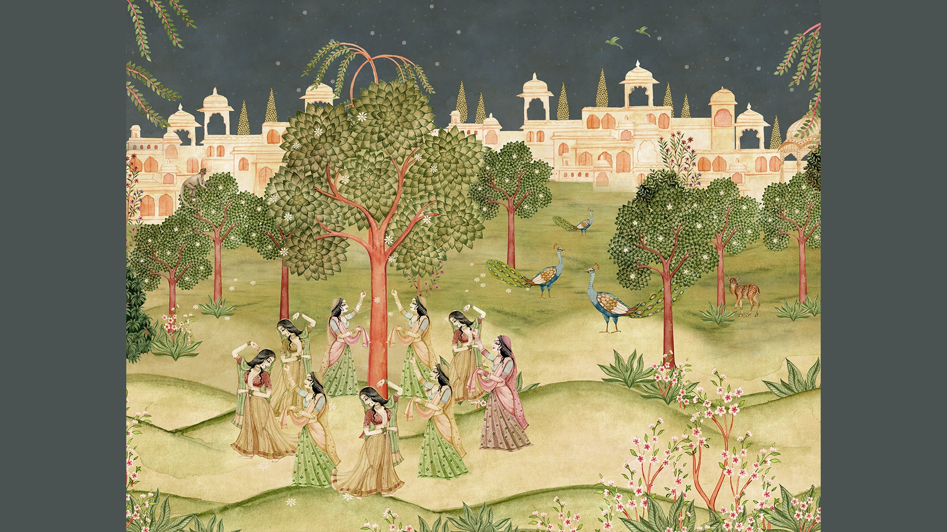 Pichwai Wallpaper with Gopis, Peacock, Palm tree and Vrindavan Palace