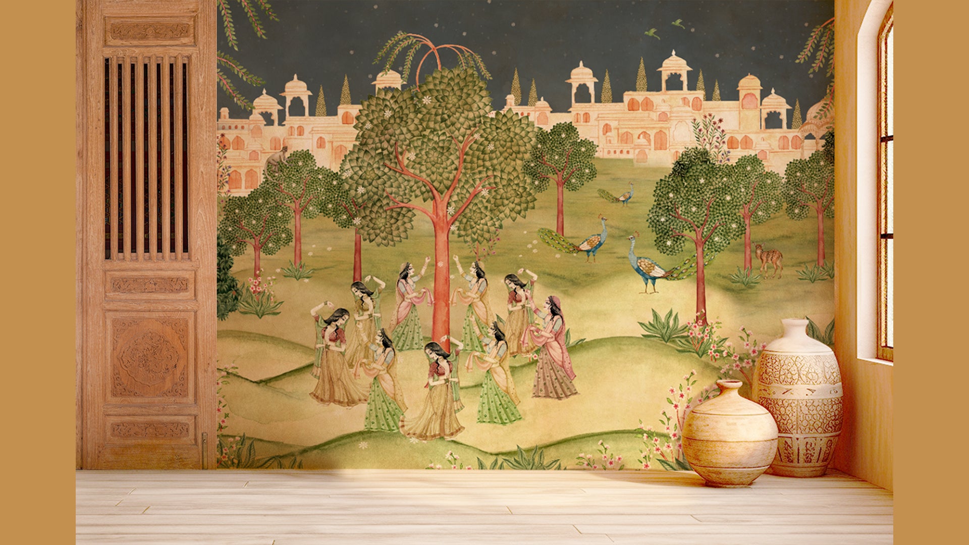 Pichwai Wallpaper with Gopis, Peacock, Palm tree and Vrindavan Palace