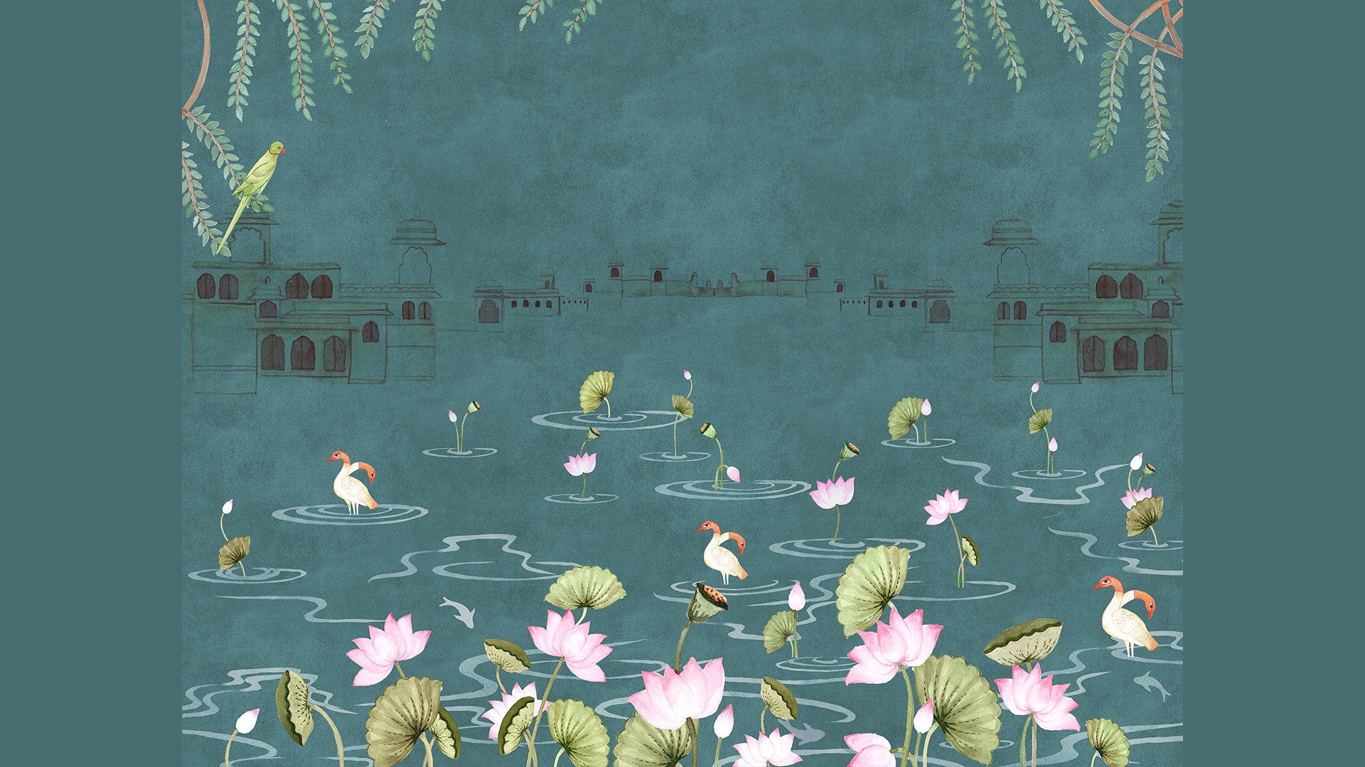 Pichwai Lotus ad Swans Wallpaper