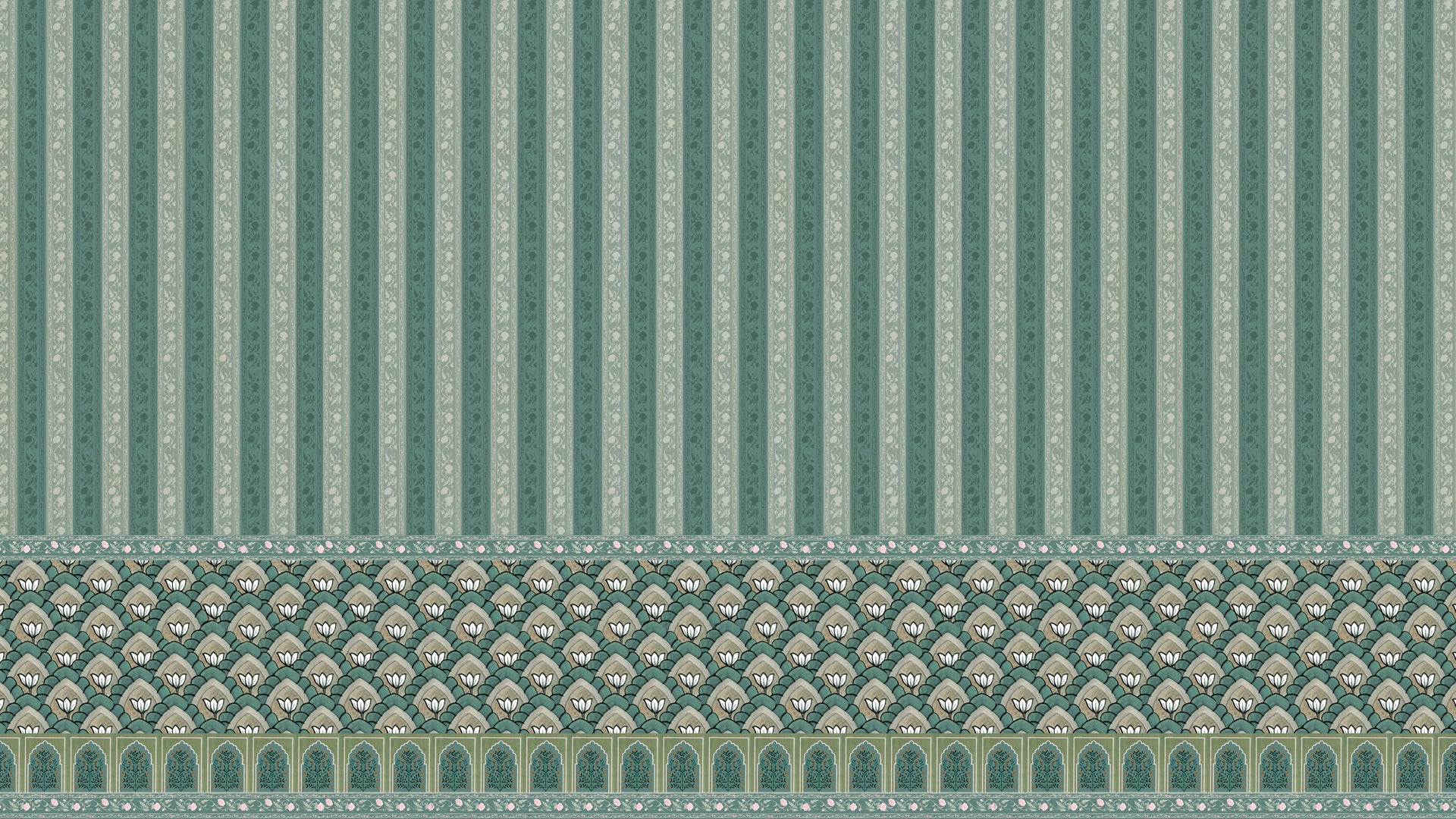 Regal Rendezvous Green: Indian Jharokha, blue stipes and flower wallpaer