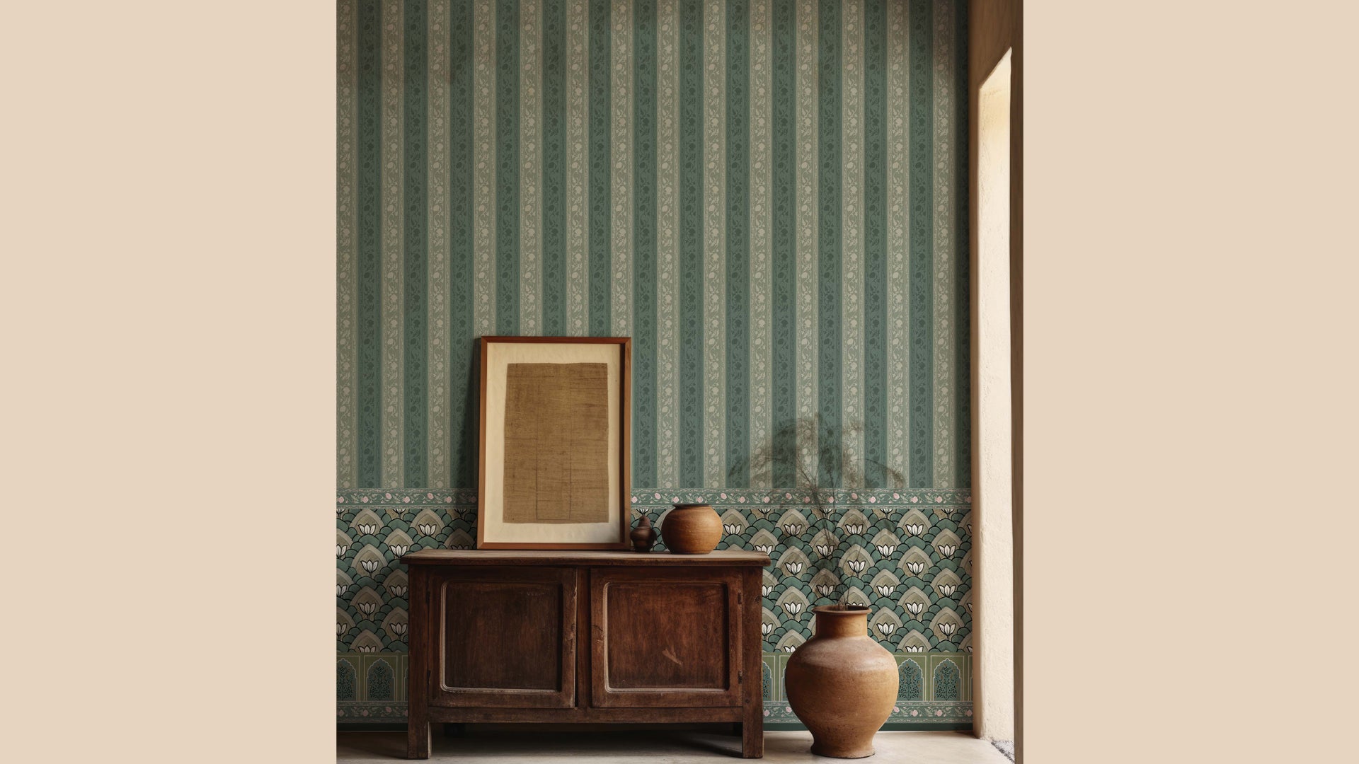 Regal Rendezvous Green: Indian Jharokha, blue stipes and flower wallpaer