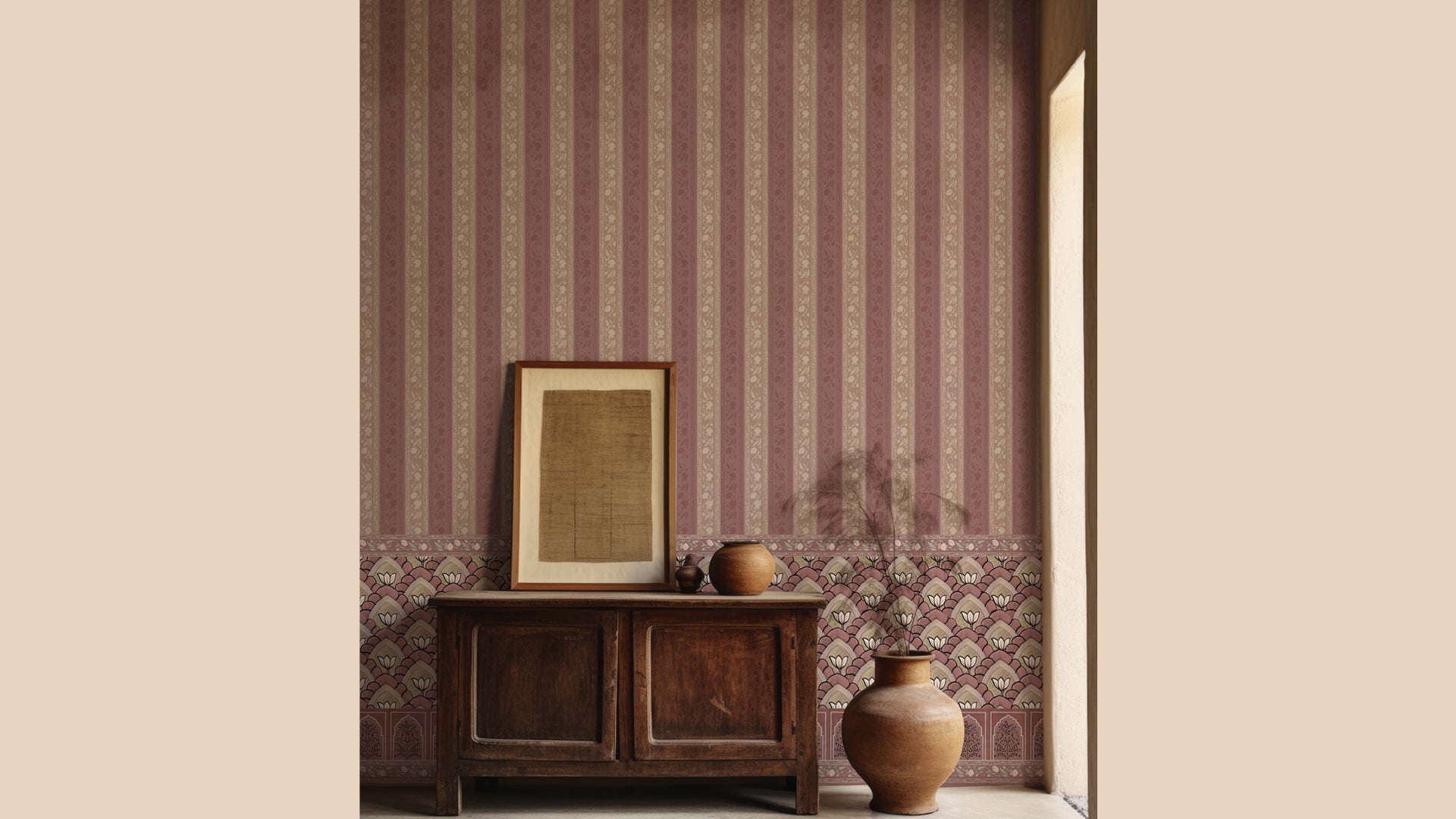 Regal Rendezvous Rust: Rustic stripes, Indian Jharokha and floral Wallpaper