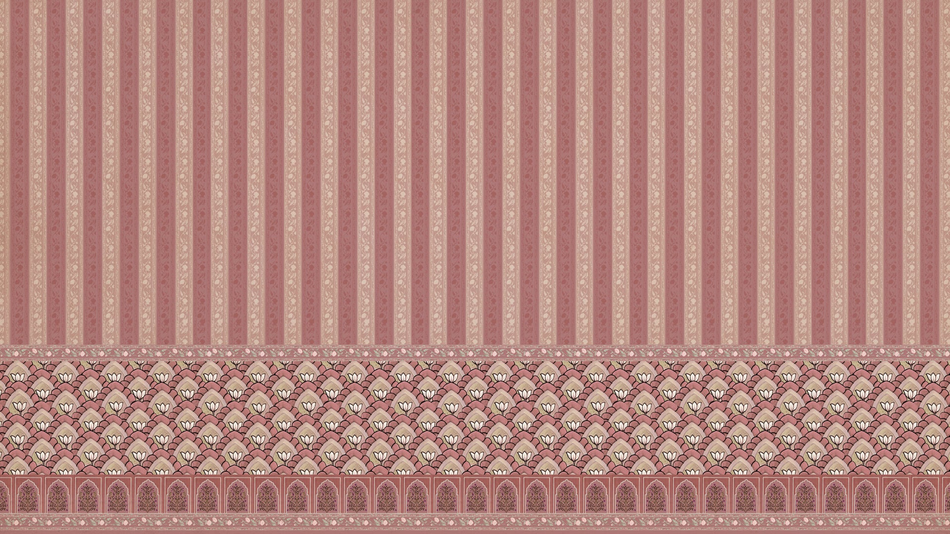 Regal Rendezvous Rust: Rustic stripes, Indian Jharokha and floral Wallpaper