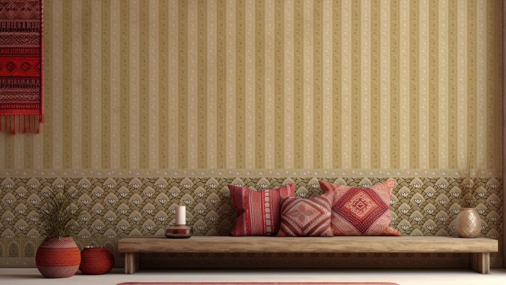 Regal Rendezvous Yellow stripes, Indian Floral and Jharokha wallpaper