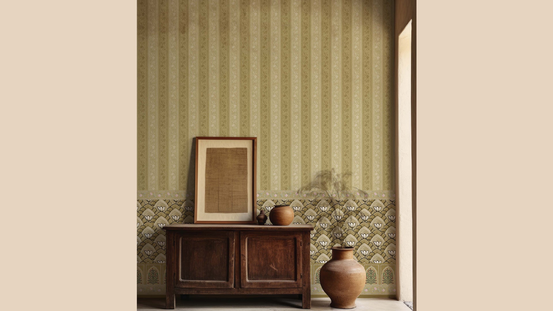 Regal Rendezvous Yellow stripes, Indian Floral and Jharokha wallpaper