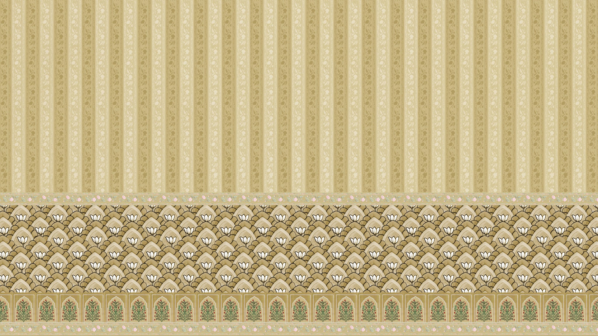 Regal Rendezvous Yellow stripes, Indian Floral and Jharokha wallpaper