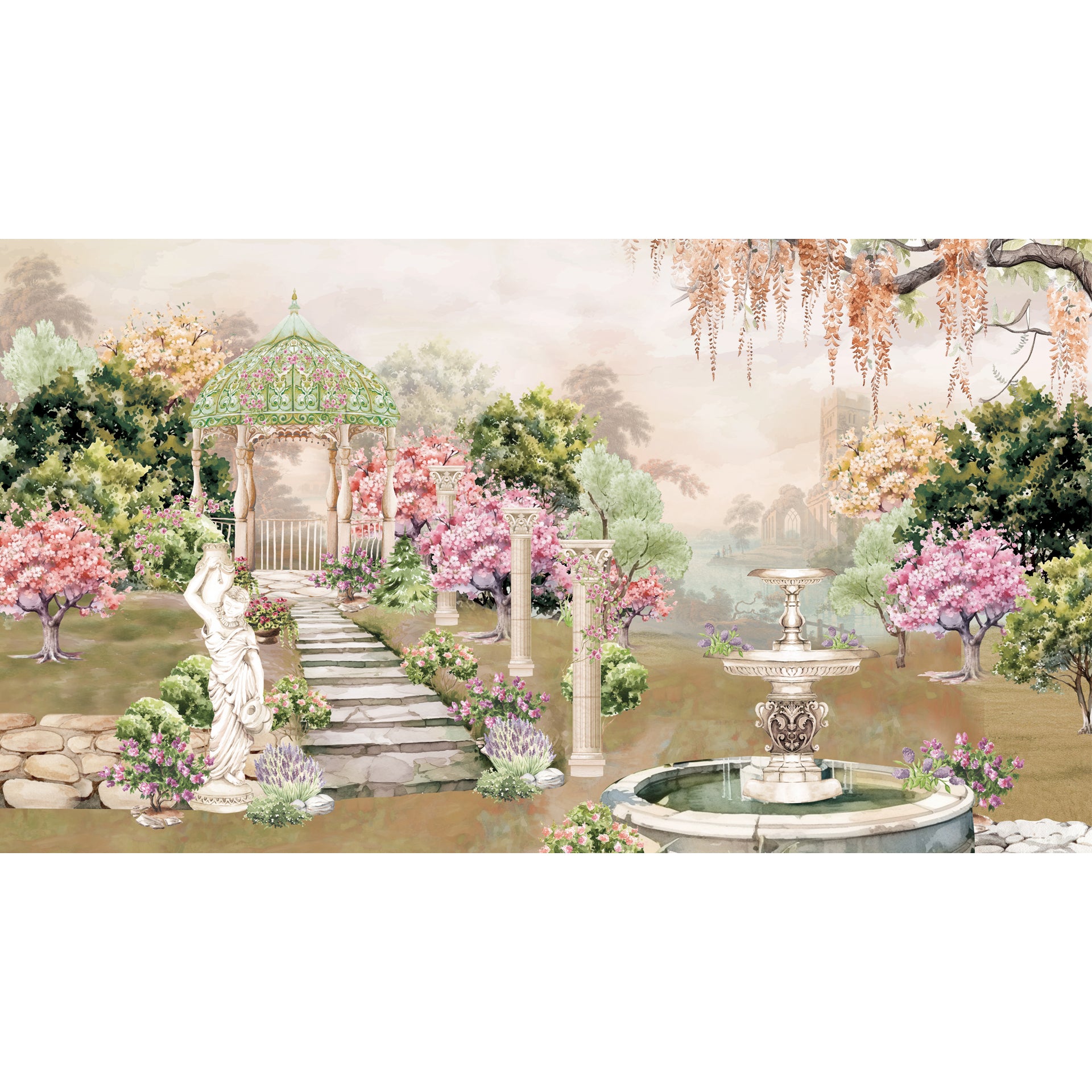Full Bloom: English Garden Wallpaper With Fountain And Birds