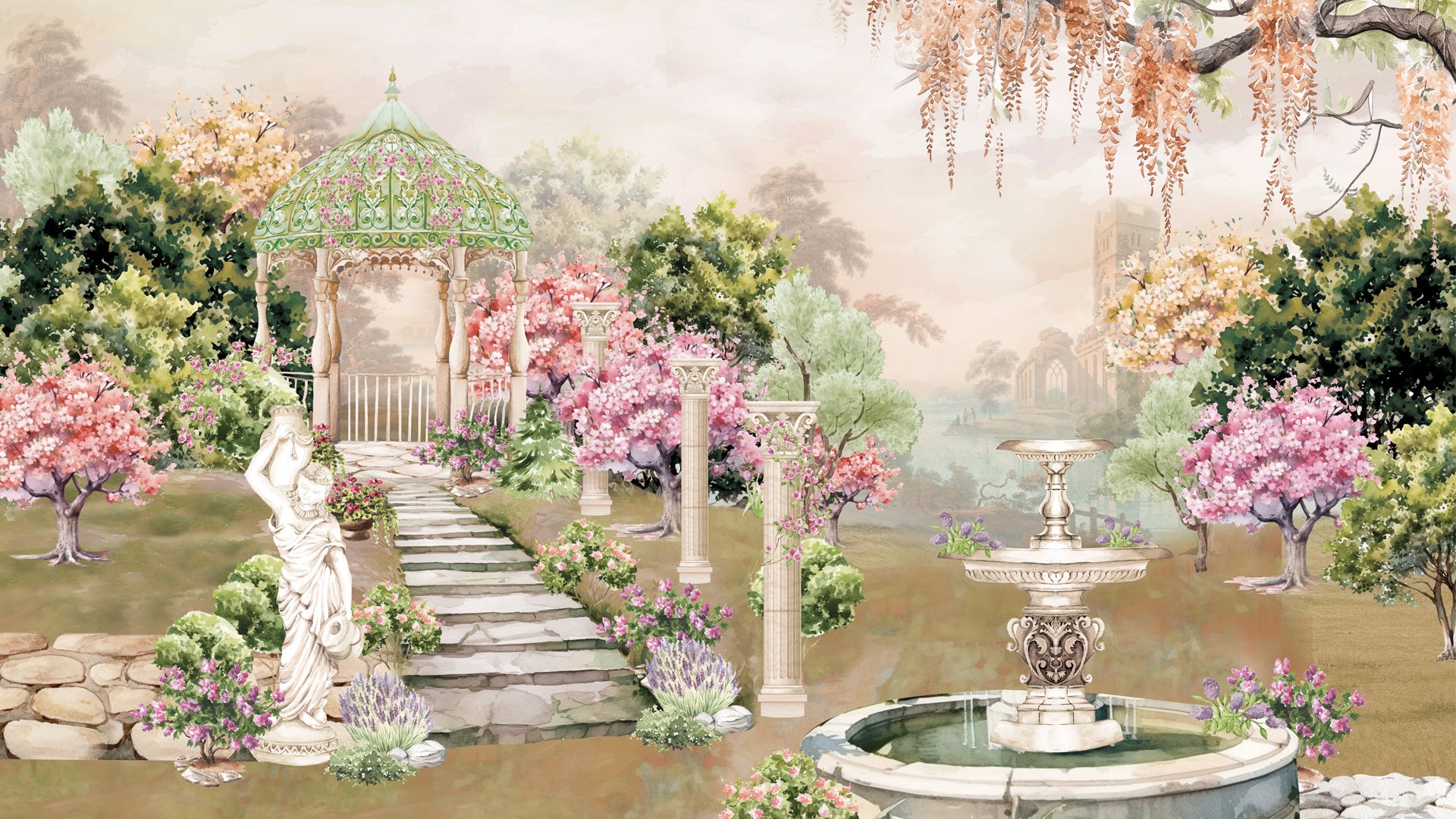 Pink English garden Wallpaper for walls