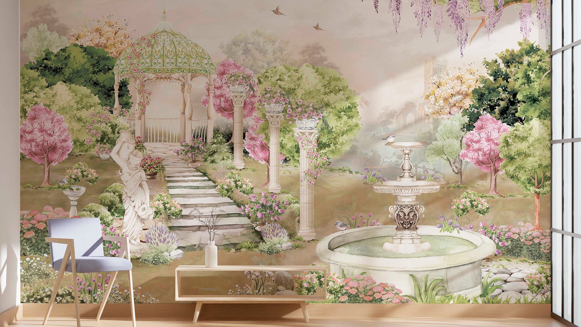 Pink English garden Wallpaper for walls