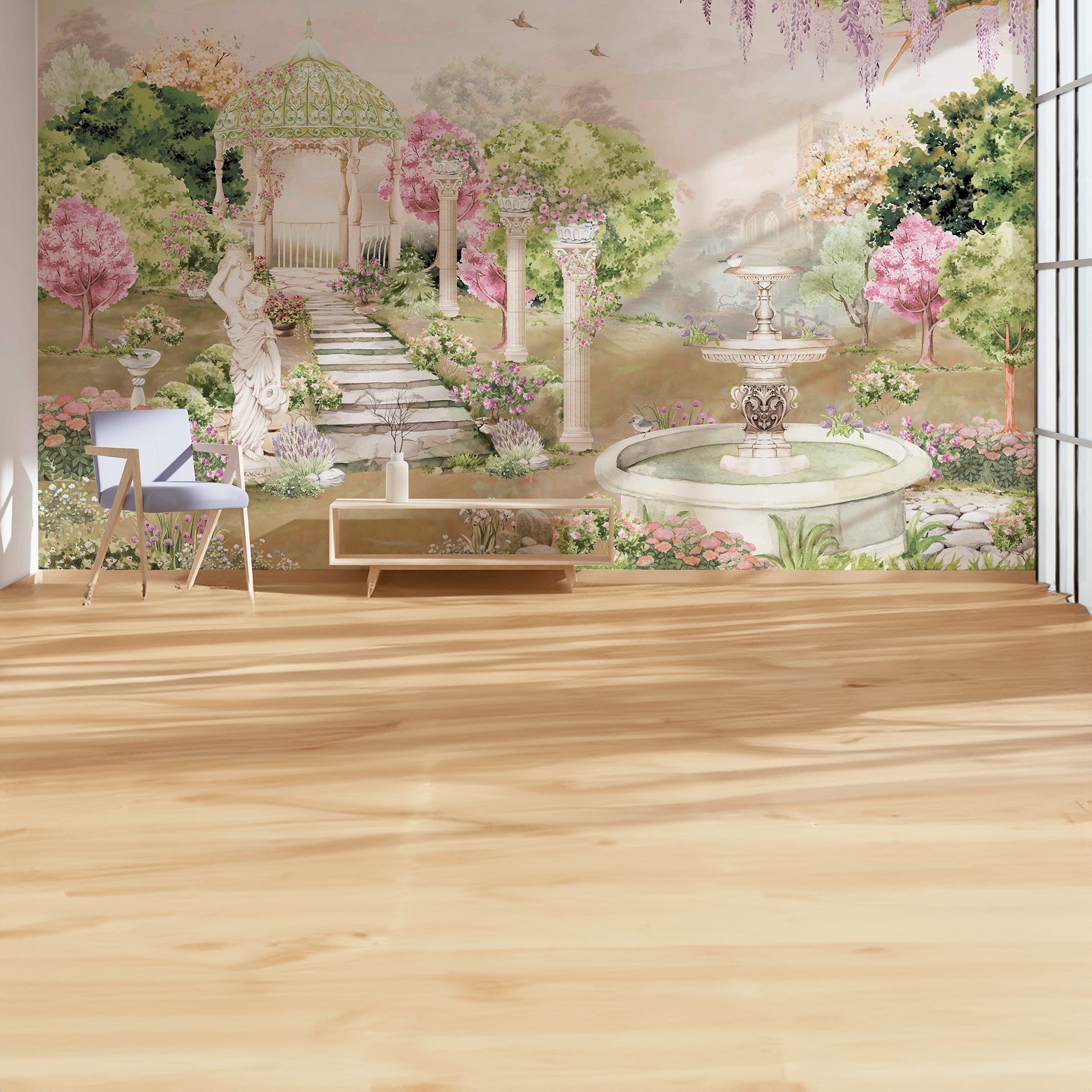 Full Bloom: English Garden Wallpaper With Fountain And Birds